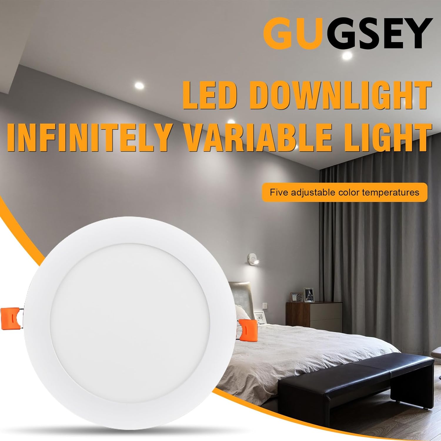 Gugsey Iluminación empotrable de 6 pulgadas  Regulable 5CCT ultrafina lámpara de techo con caja de conexiones, 2700K-5000K seleccionable, 12W 110W