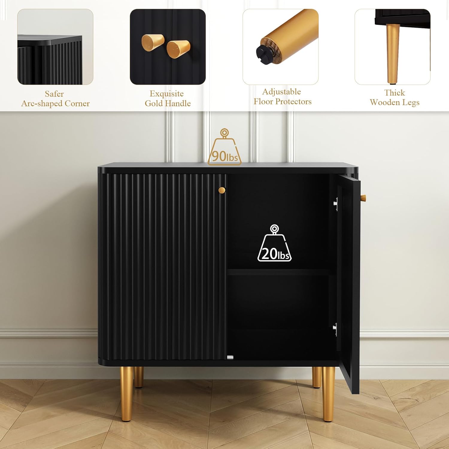 HLR Aparador de buffet con textura acanalada, gabinete de acento negro con puertas, armario de almacenamiento moderno de credenza para cocina, sala