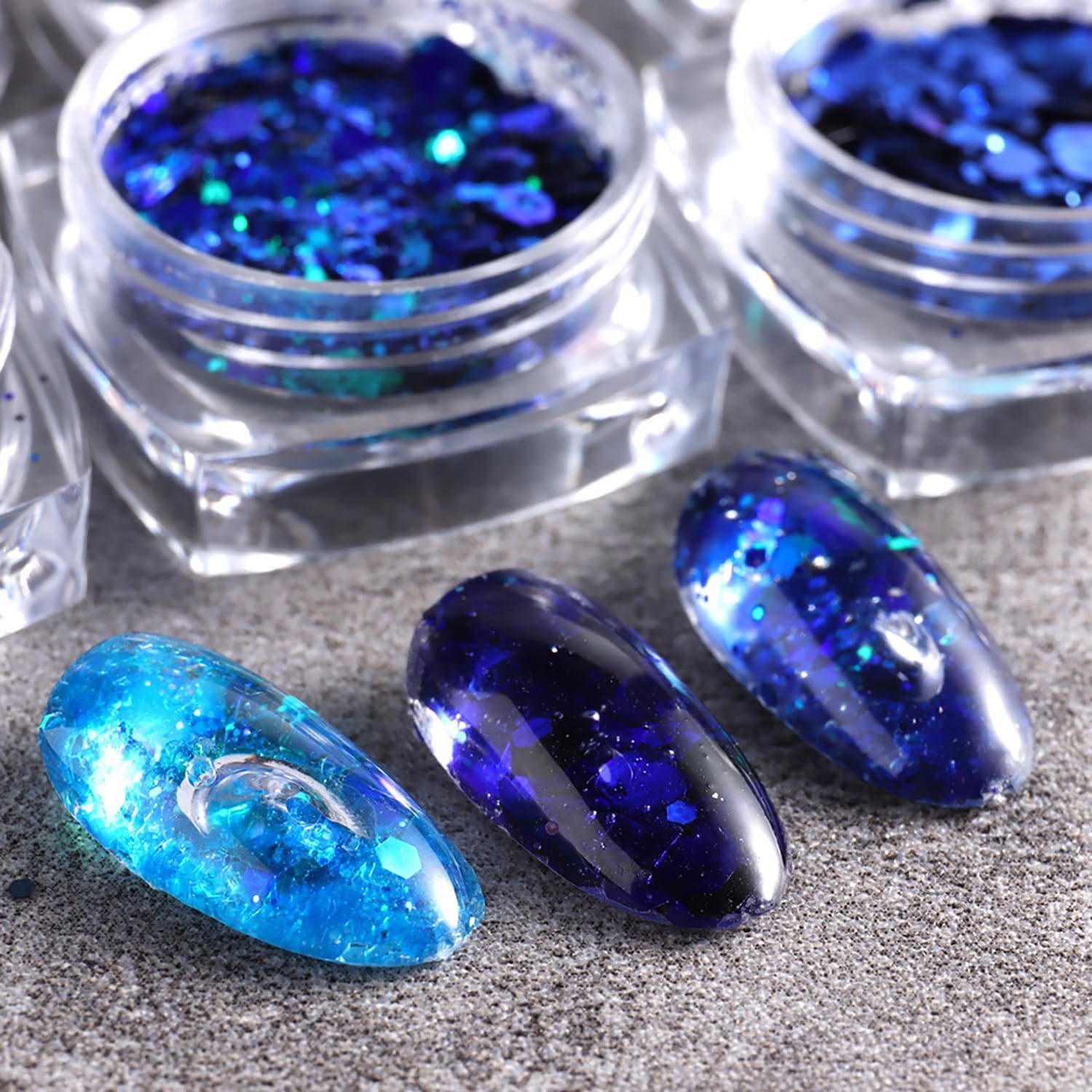 Decoración de uñas de copo de nieve azul de Navidad, copos de purpurina para manicura azul mixta, polvo fino de gitte, suministros de lentejuelas