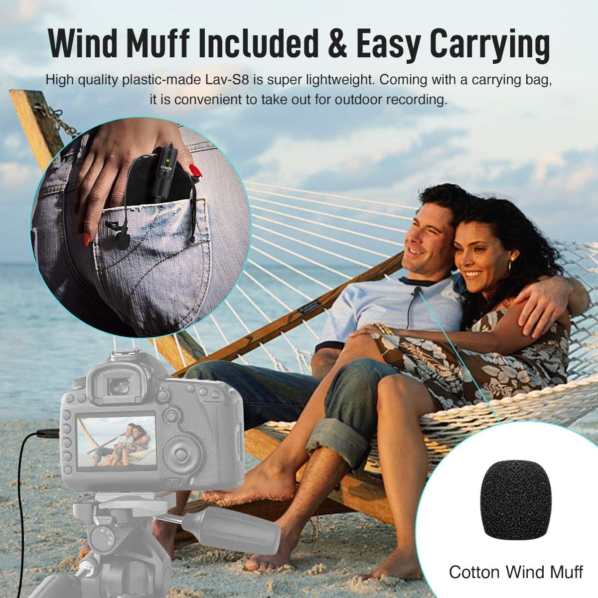SYNCO Micrófono Lavalier para DSLR, Lav S8 Micrófono de solapa para iPhone Cámara PC Android Reducción de ruido Auto-Emparejamiento Omnidireccional