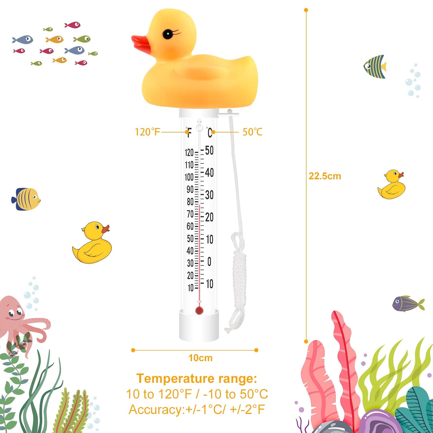 Termómetro flotante de fácil lectura, termómetro de piscina con cuerda, termómetro de agua de estanque de gran tamaño, resistente a roturas,