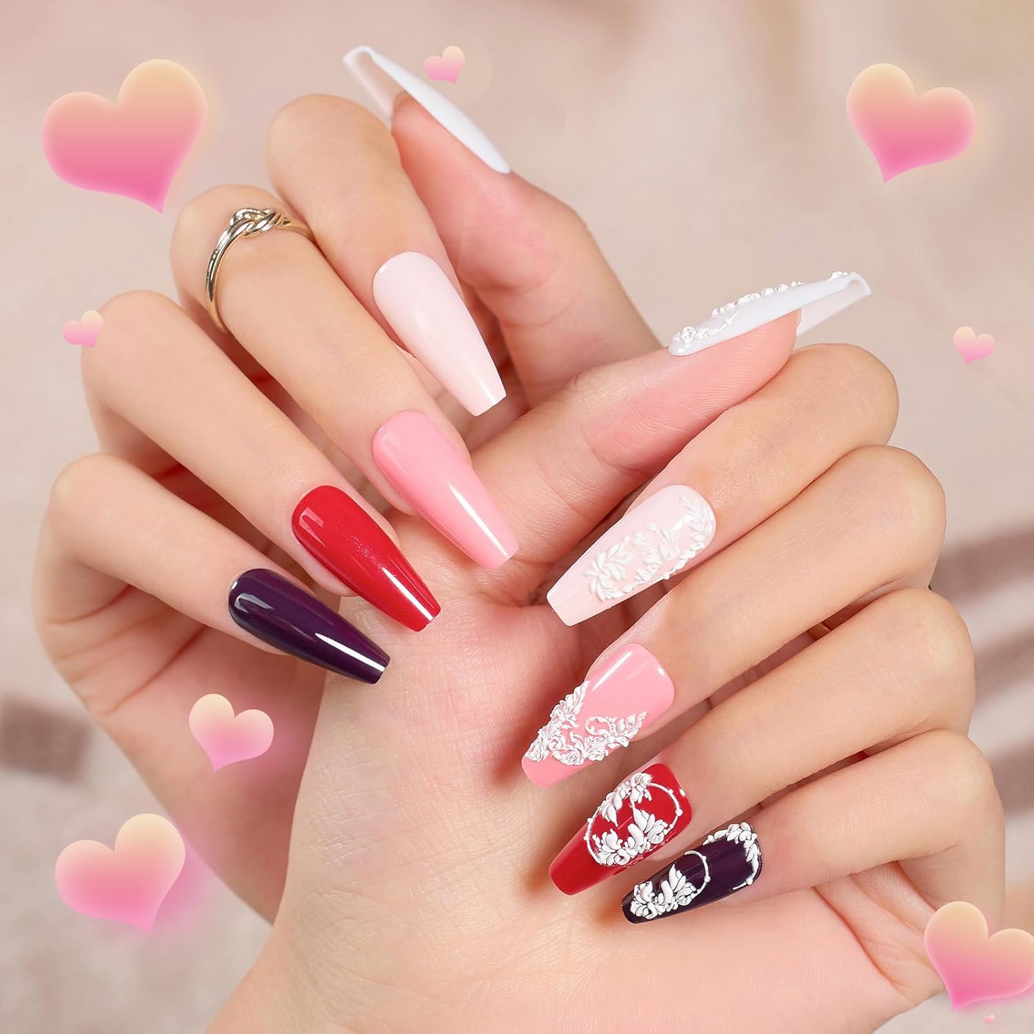 Beetles – Uñas a presión de 6 colores, 180 unidades, tamaño mediano, pegamento de 0.3 onzas fluidas (10ml) y calcomanías de uñas, reutilizables,
