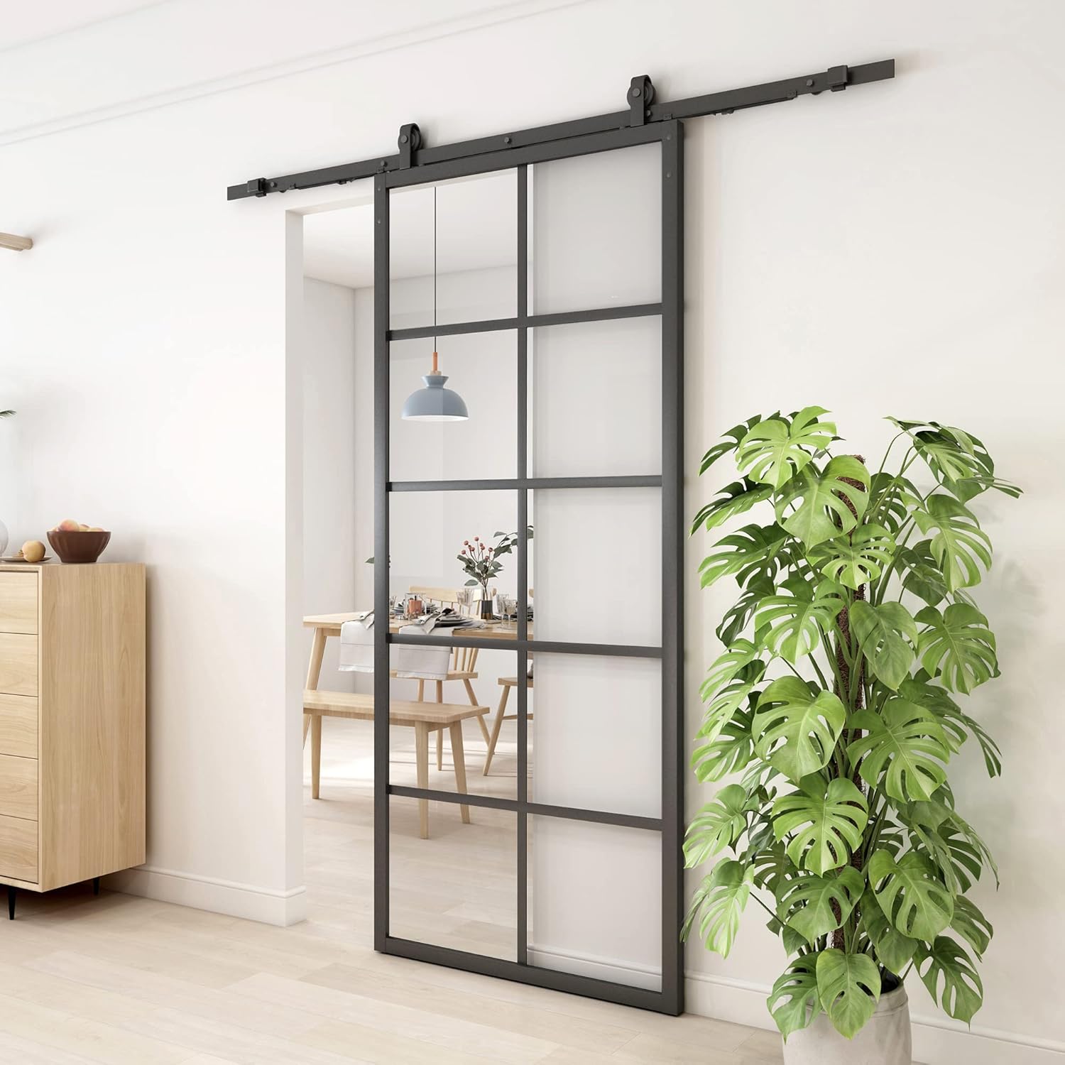 JUBEST Puerta corrediza de granero de vidrio de 36 x 84 pulgadas con kit de herramientas de 6.6 pies y cierre suave incluido, marco de aluminio
