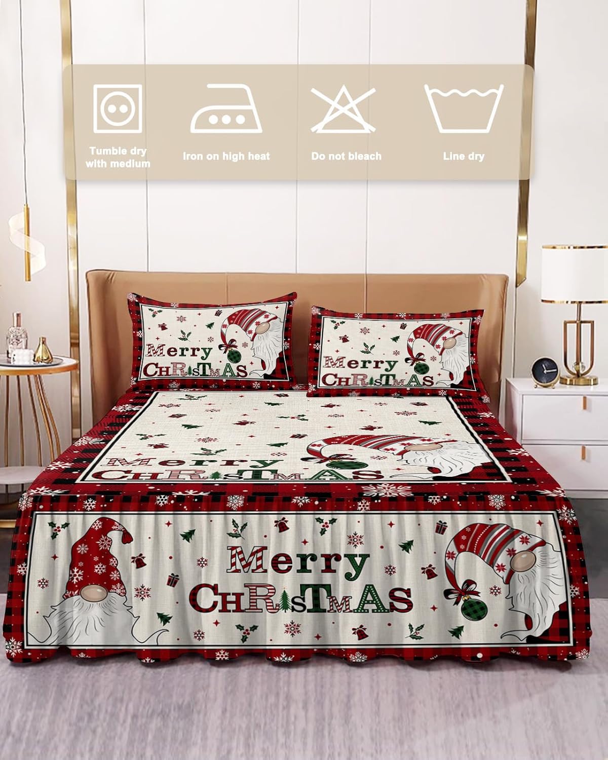 Juego de sábanas de falda de cama de Navidad, 1 sábana y 2 fundas de almohada, falda de cama tamaño King de 18 pulgadas de caída, gnomos a cuadros