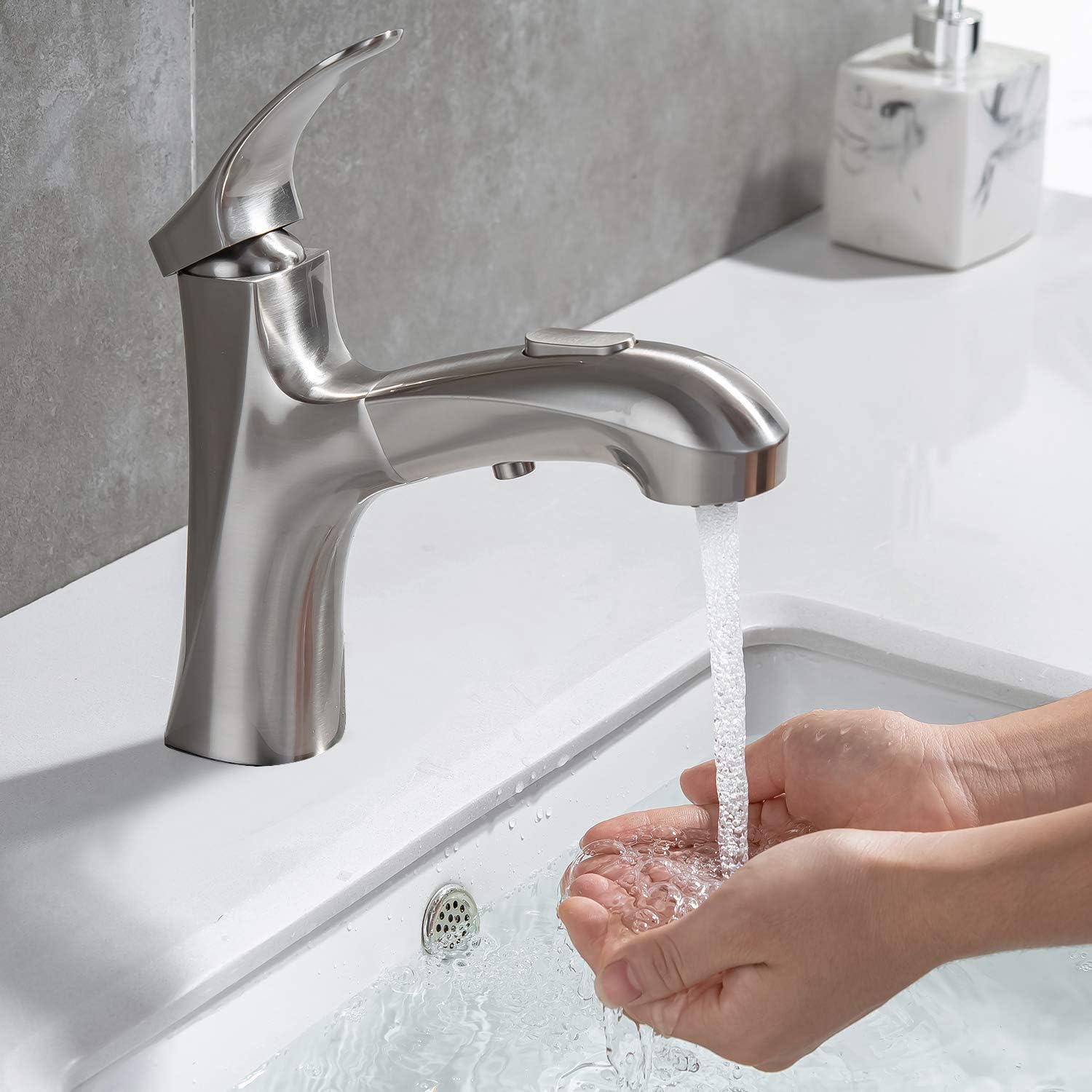MIAOHUI Grifo de baño extraíble de níquel cepillado, grifo de fregadero de baño de un solo orificio con 3 modos de rociador, grifo de tocador