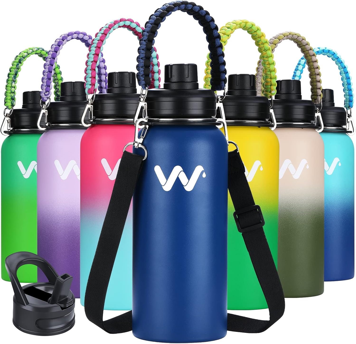 WEREWOLVES Botella de agua aislada con asas de paracaídas, correa, tapa de popote y tapa de boquilla, botella de agua reutilizable de boca ancha al
