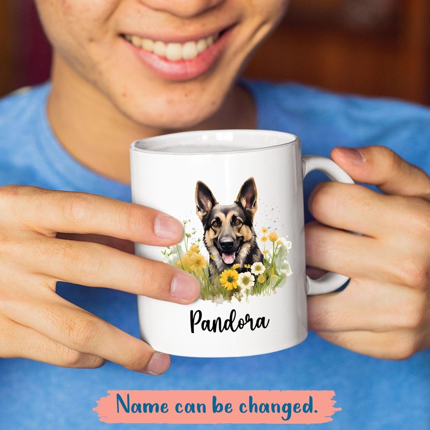 Taza de café de perro de pastor alemán con flores, tazas para mascotas, tazas para amantes de los perros, taza de cerámica personalizada con nombre,