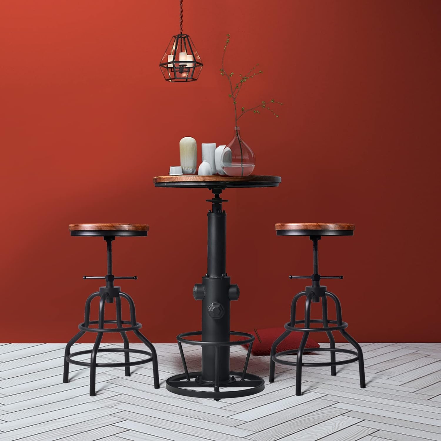 LOKKHAN Mesa de bar industrial de 38.6 a 48.4 pulgadas de altura ajustable giratoria redonda de madera de 23.7 pulgadas de diámetro, cocina,