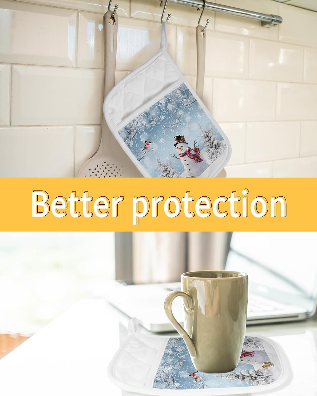 Winter Snowman 3Pcs Pot Holders for Kitchen,Non Slip & Heat Insulation Terry Cloth Potholder Set with Pocket,Thick Hot Pad Oven Mitts Trivet Coaster