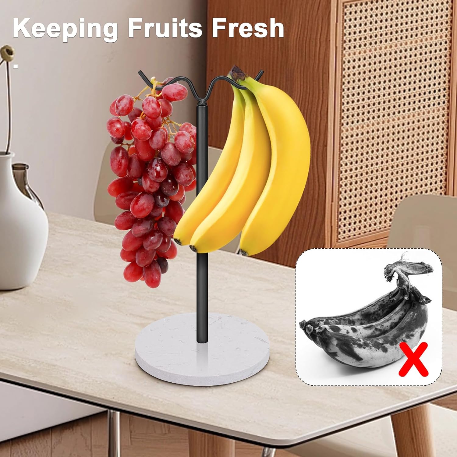 Soporte de plátano de pie con base de mármol, gancho de plátano para encimera de cocina, estantes de frutas resistentes y equilibrados con