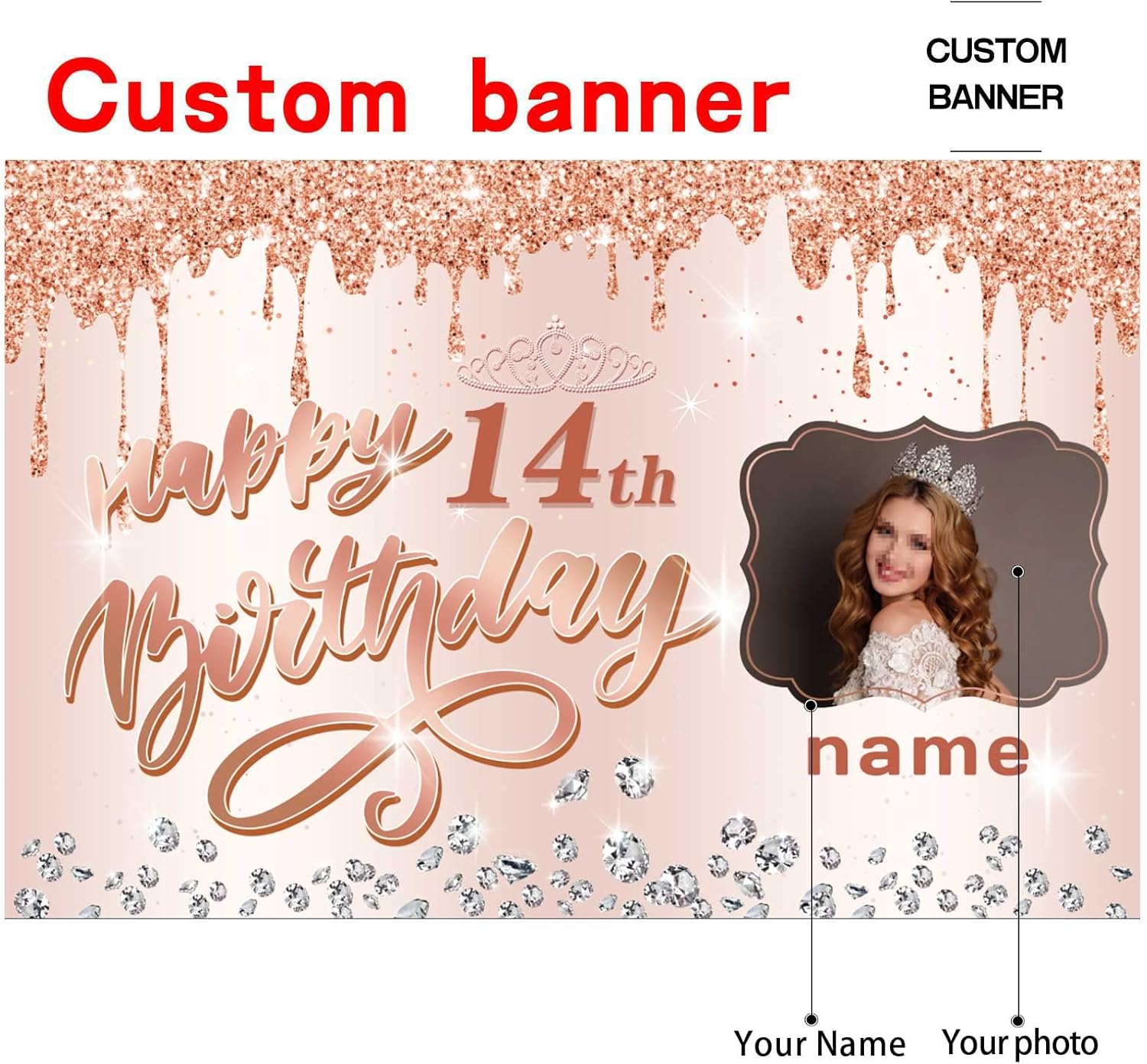 Cartel personalizable de decoración de feliz cumpleaños número 14 de oro rosa, personalizado con nombre y foto