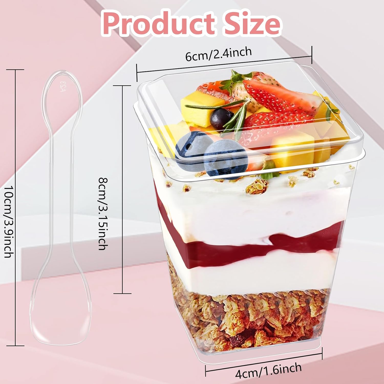 Paquete de 50 tazas de postre de 5 onzas con tapas y cucharas, tazas de parfait cuadradas transparentes, mini tazas de plástico para aperitivos,