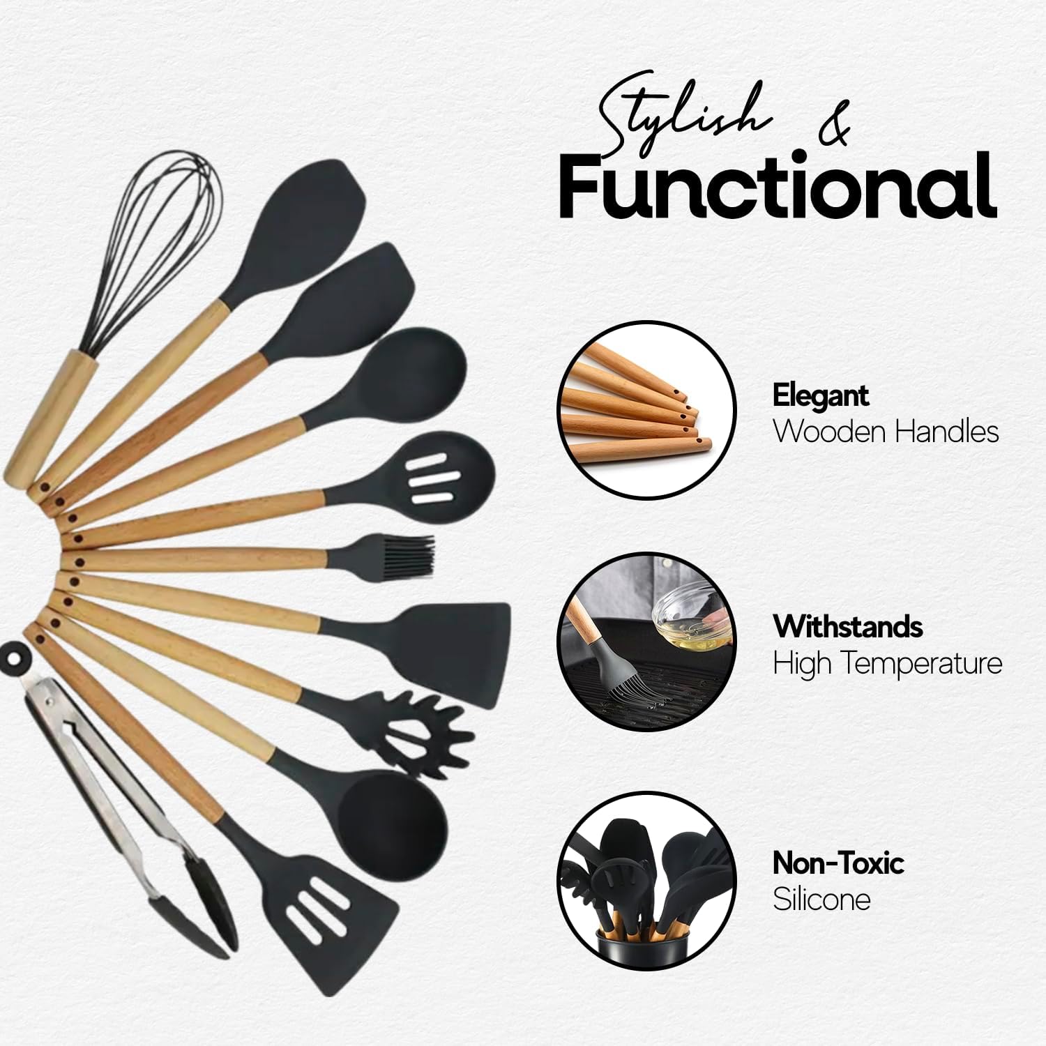Juego de cocina de silicona, juego de 12 utensilios de cocina, mango de madera, almacenamiento de cubos, resistencia a altas temperaturas, sin