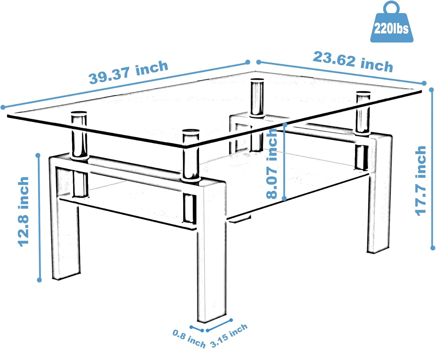 Mesa de centro de cristal moderna con almacenamiento para sala de estar con patas de metal