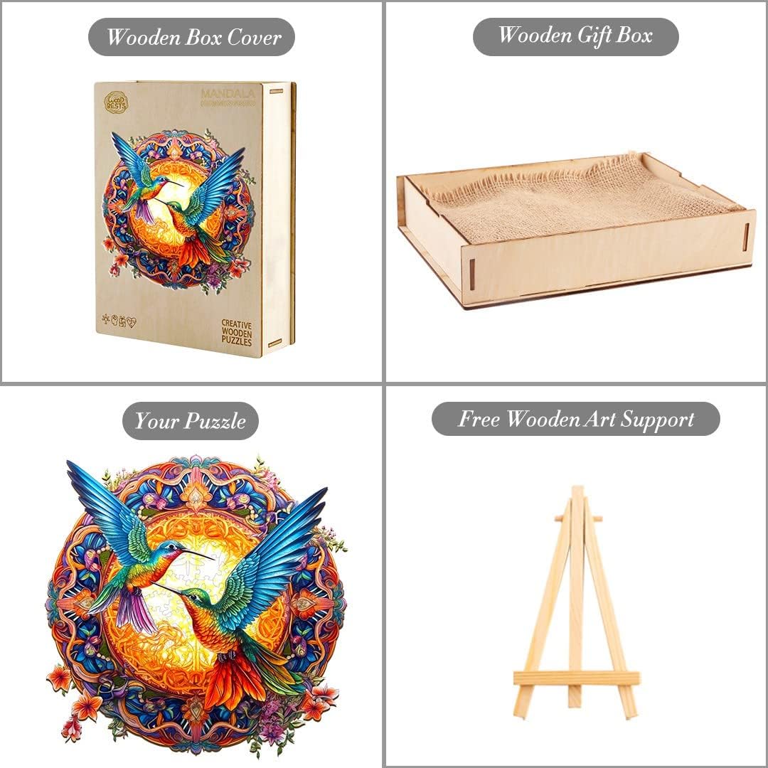 Funnli Rompecabezas de madera para adulto, 200 piezas de mandala colibríes, rompecabezas de madera de 11.8 x 11.8 pulgadas con caja, colección de