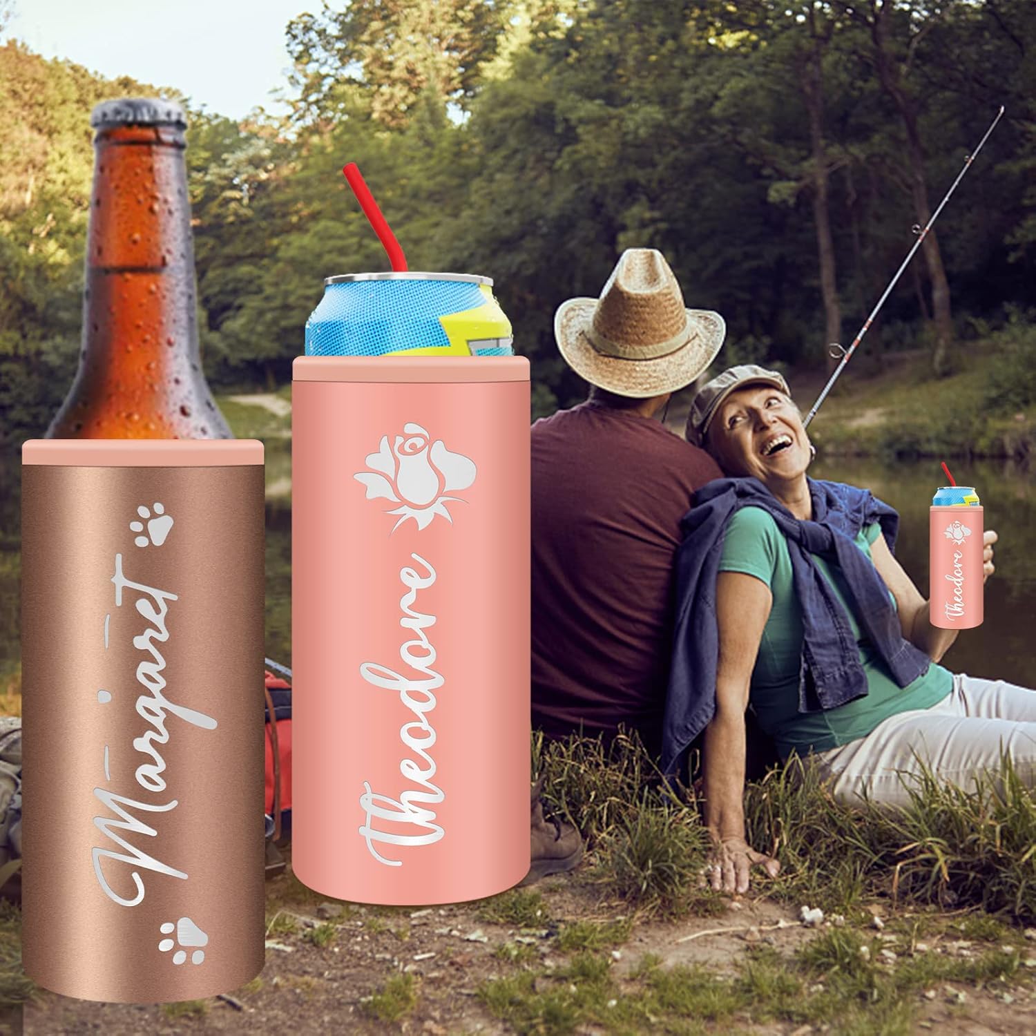 Enfriador de latas personalizado grabado de acero inoxidable personalizado de 12 onzas, funda delgada para latas con nombre, soportes de cerveza de