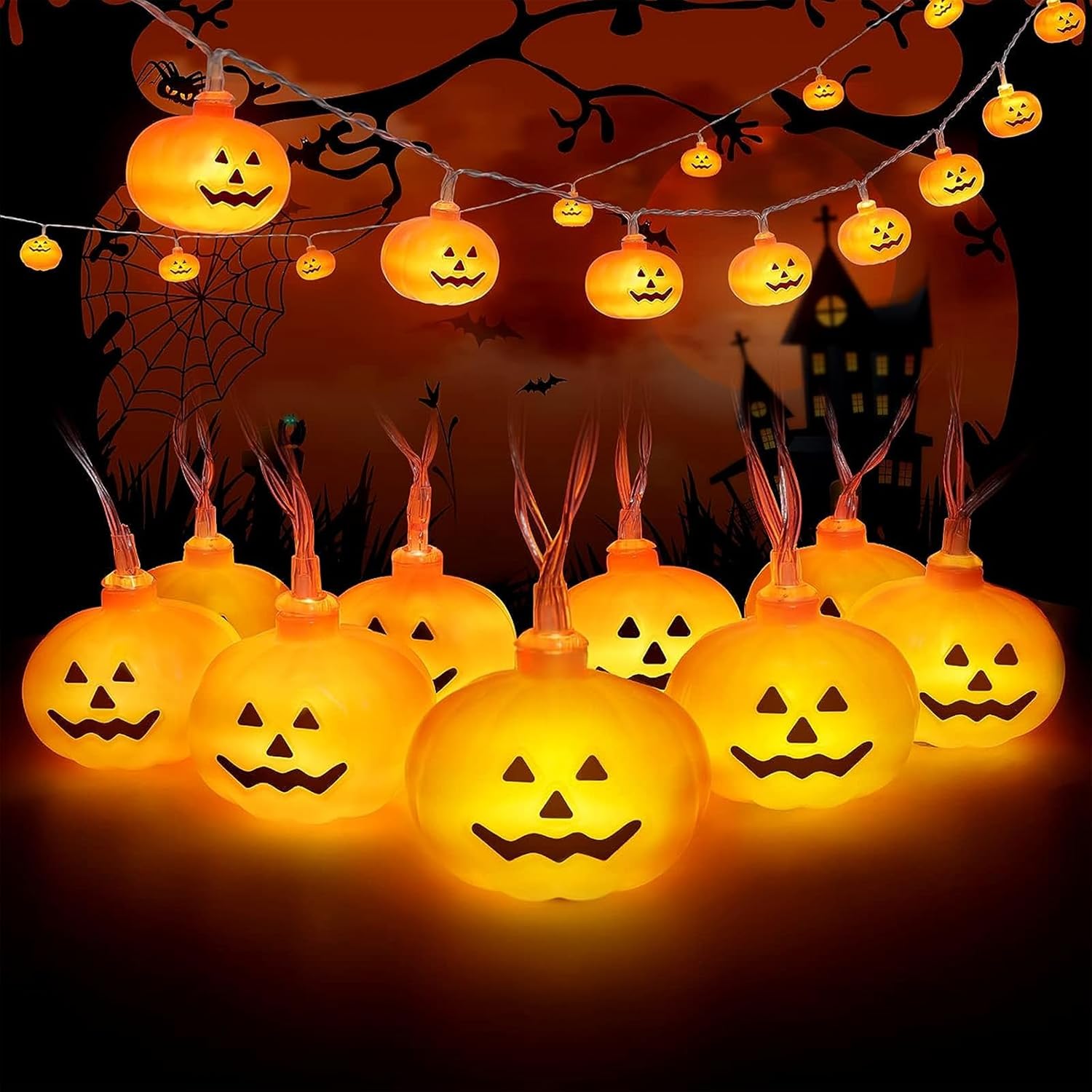Guirnalda de luces de calabaza de Halloween, 17 pies, alimentadas por energía solar, 40 luces LED, luces Jack O Lantern, impermeables, decoraciones
