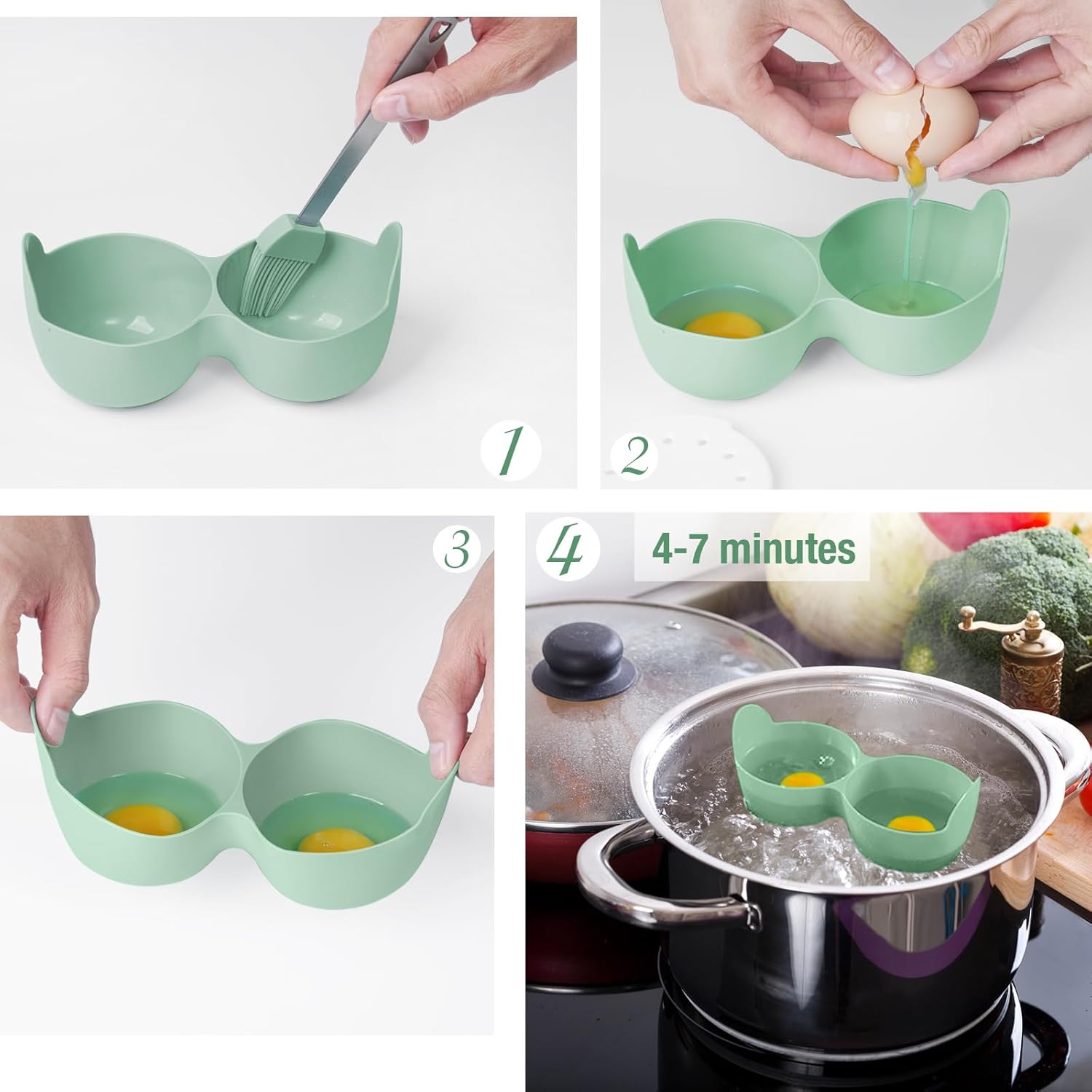 Cocedor escalfador de huevos de silicona de 2 cavidades con tapa y asa, apto para lavavajillas, compatible con olla instantánea, estufa y