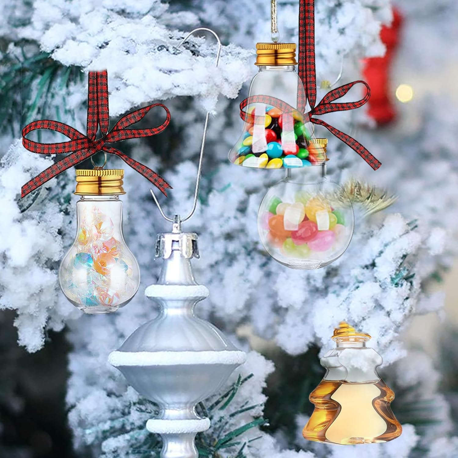 18 bolas de alcohol para fiestas navideñas, adornos de árbol de alcohol rellenables con calcomanías de cinta a cuadros de búfalo de plástico