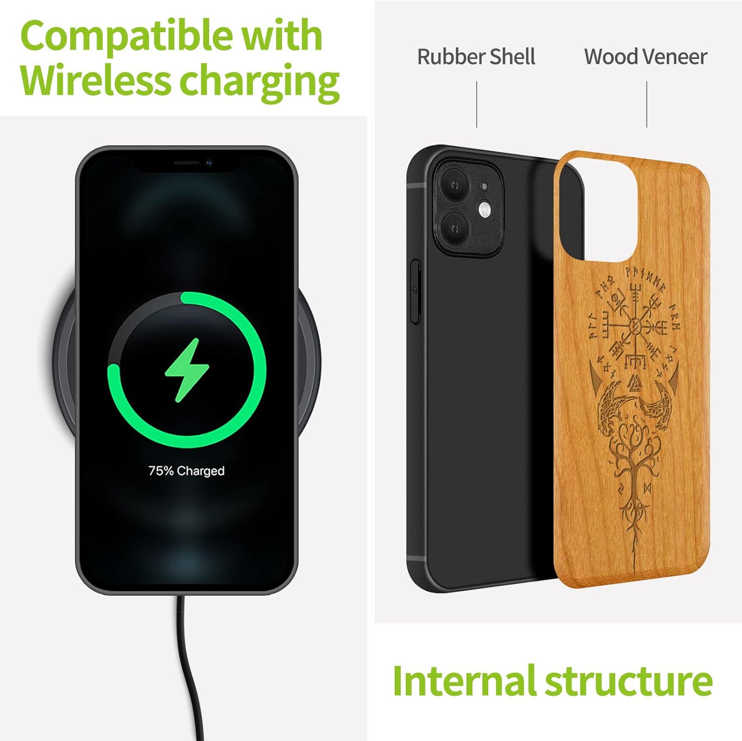 Carveit Funda magnética de madera para iPhone 12 madera real dura y TPU suave a prueba de golpes, funda protectora híbrida única y elegante de