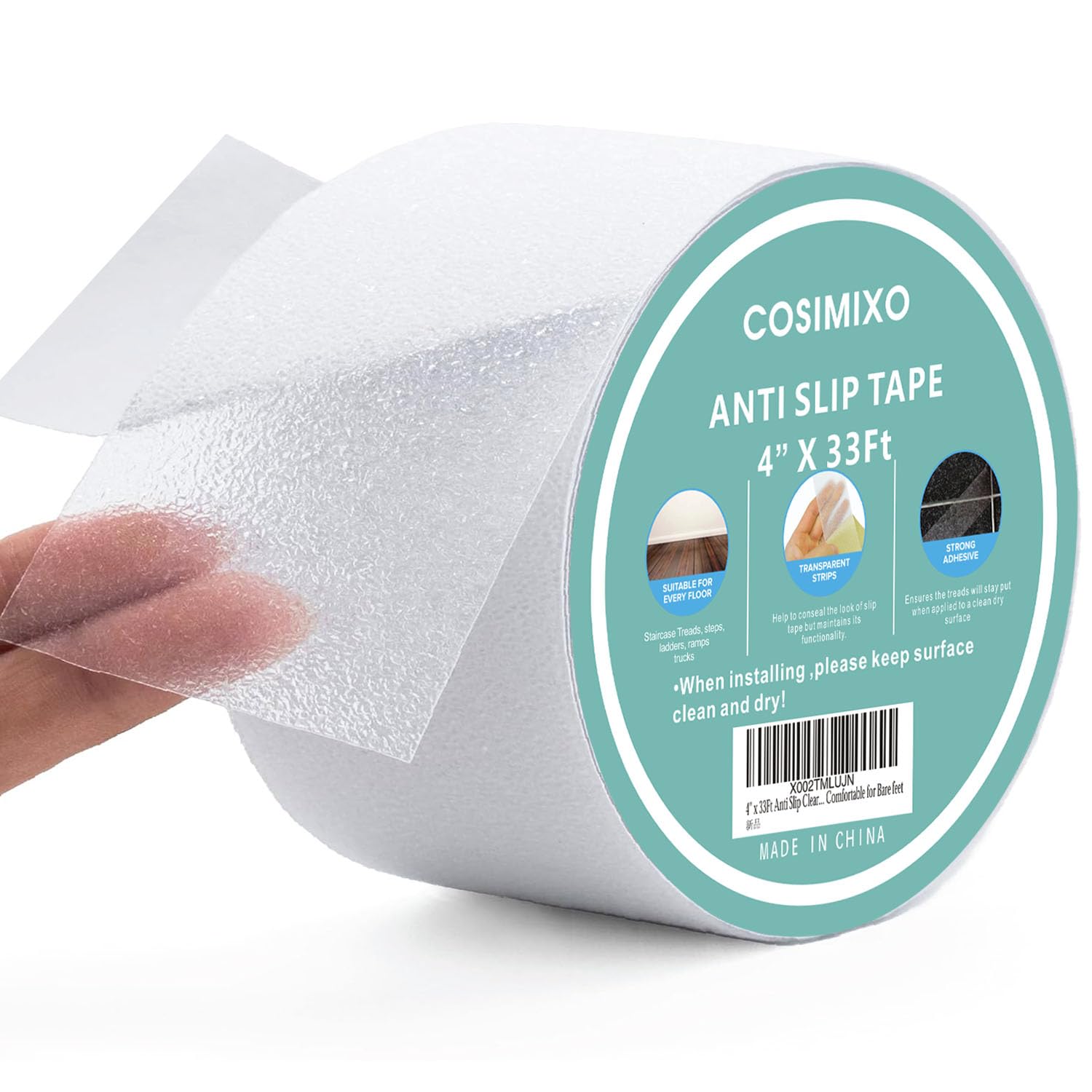 COSIMIXO Cinta antideslizante transparente de 4 pulgadas x 33 pies, impermeable, cinta antideslizante para peldaños de escaleras, barcos, escaleras,