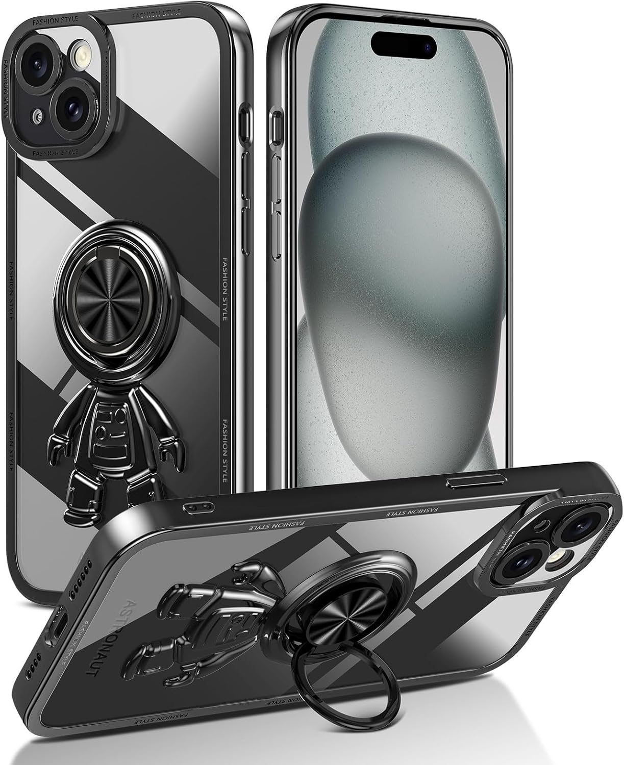 LONTECT Funda para iPhone 15 Plus a prueba de golpes, protección de cuerpo completo, soporte de anillo de astronautas, delgada y transparente,