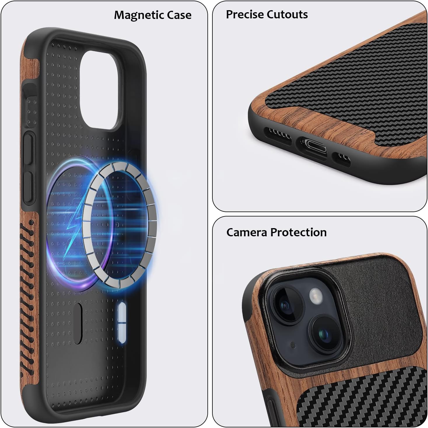 ZZDZZ Funda magnética compatible con iPhone 13 Mini compatible con MagSafe diseño de fibra de carbono de madera y cuero, funda híbrida a prueba de