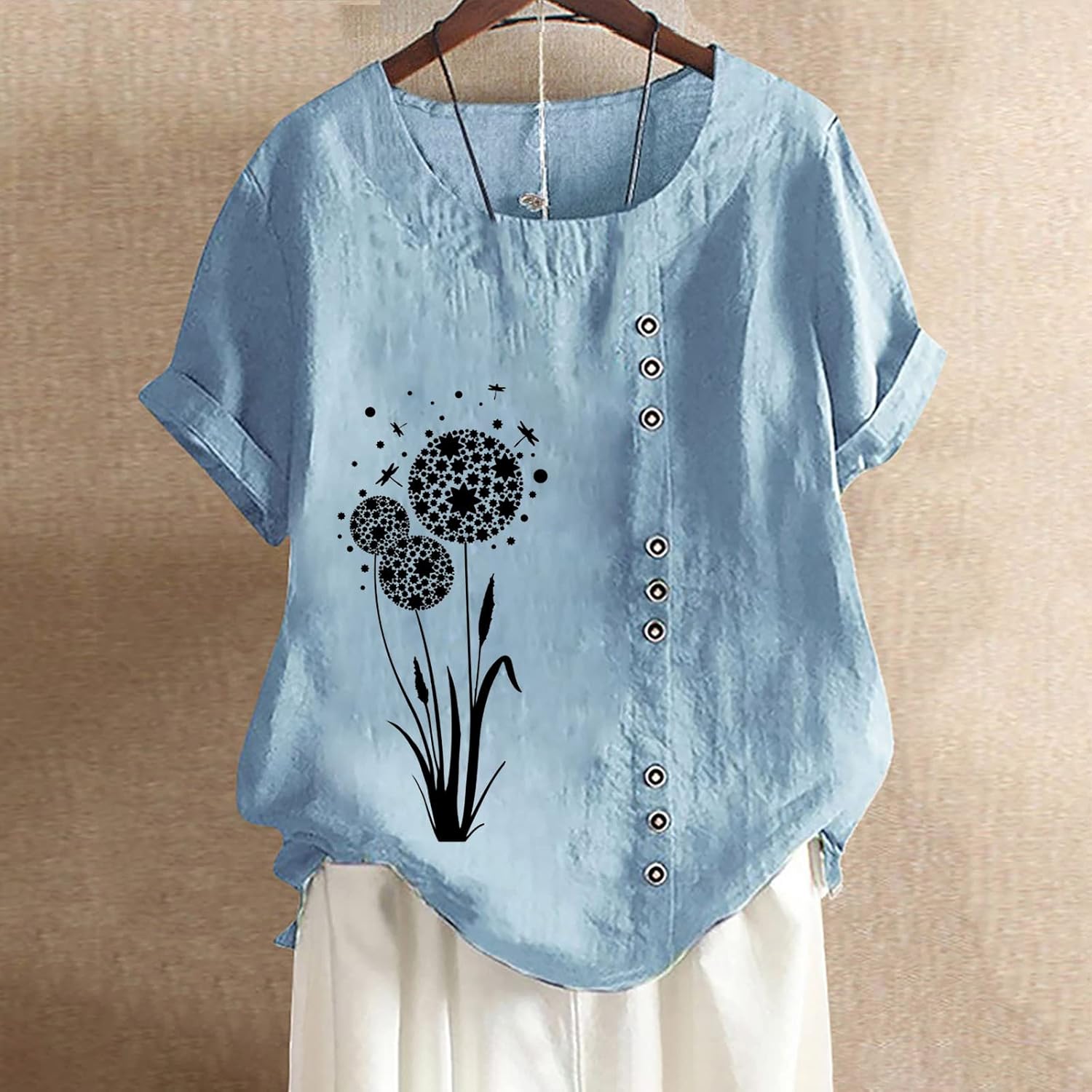 JEGULV Camiseta de algodón y lino para mujer, estilo casual, holgada, a la moda, con estampado floral, de manga corta, blusas con botones