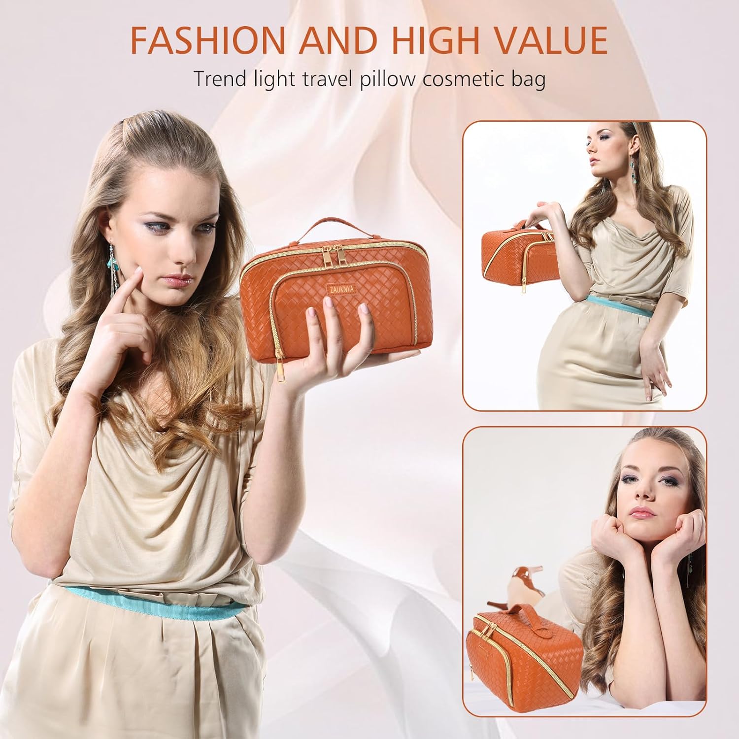ZAUKNYA Bolsa de cosméticos de viaje de gran capacidad, bolsa de maquillaje para mujer, bolsa de cuero impermeable, portátil, organizador de