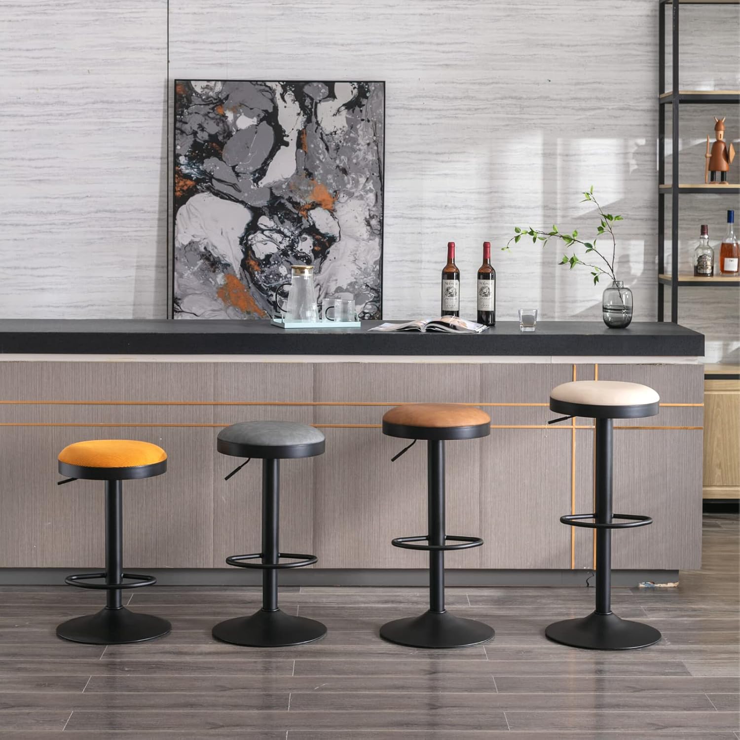 CIMOO Taburetes de bar sin espalda, juego de 2 taburetes de bar redondos ajustables para encimera de cocina, taburete giratorio de altura de barra,