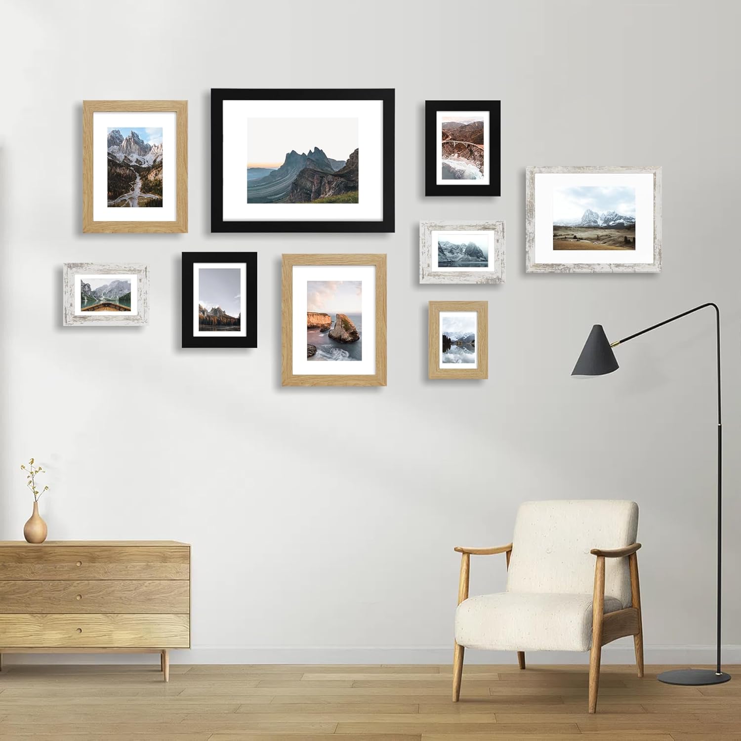 Juego de 4 portarretratos de 8 x 10 pulgadas, hecho de vidrio real y madera de roble natural, fotos de 8 x 10 pulgadas para pared o mesa, fotos de 5