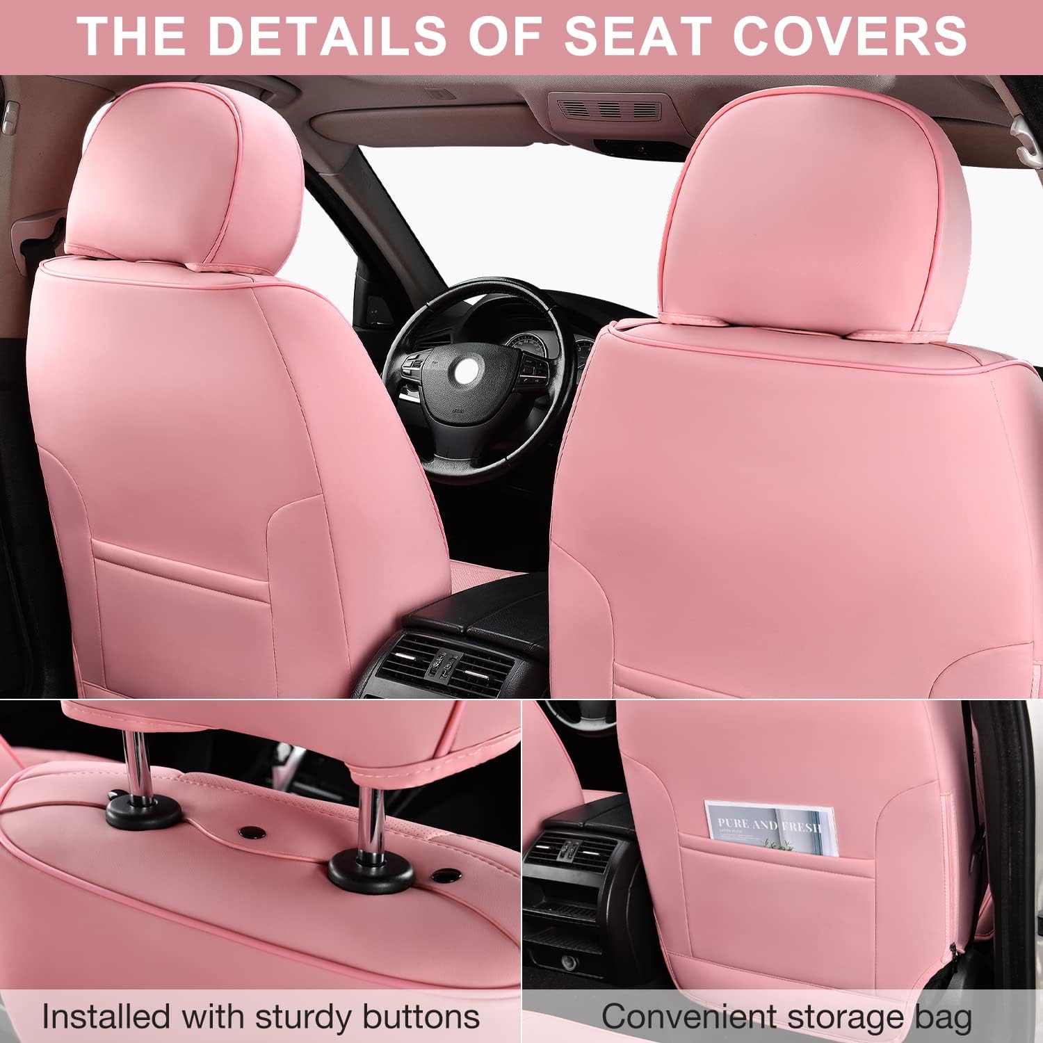 Fundas de asiento delantero de coche color rosa con reposacabezas, cuero transpirable, 1 par de ajuste universal para sedanes, SUV, camiones