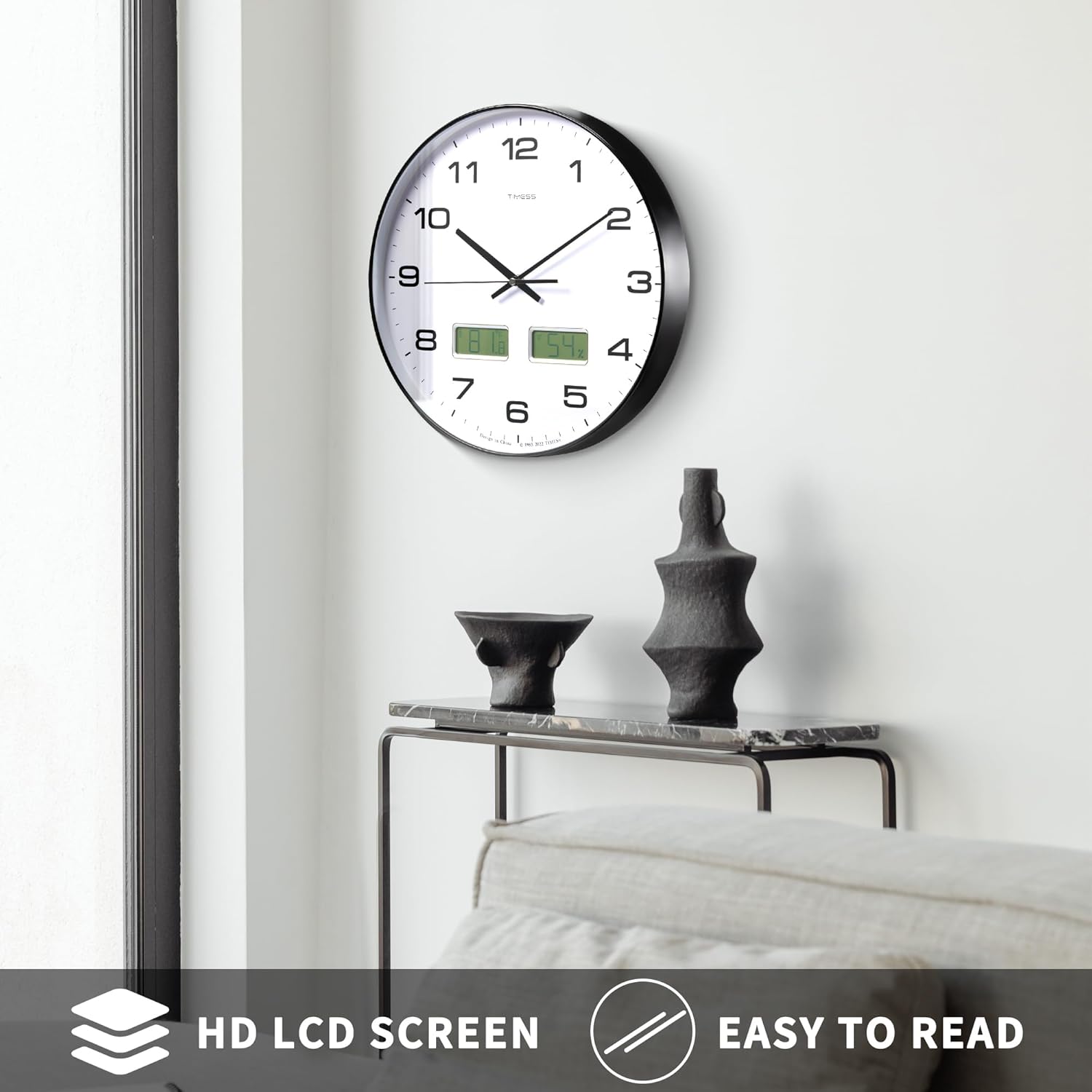 Reloj de pared, esfera grande de 14 pulgadas, silencioso, funciona con pilas, analógico con pantalla LCD dual para temperatura y humedad