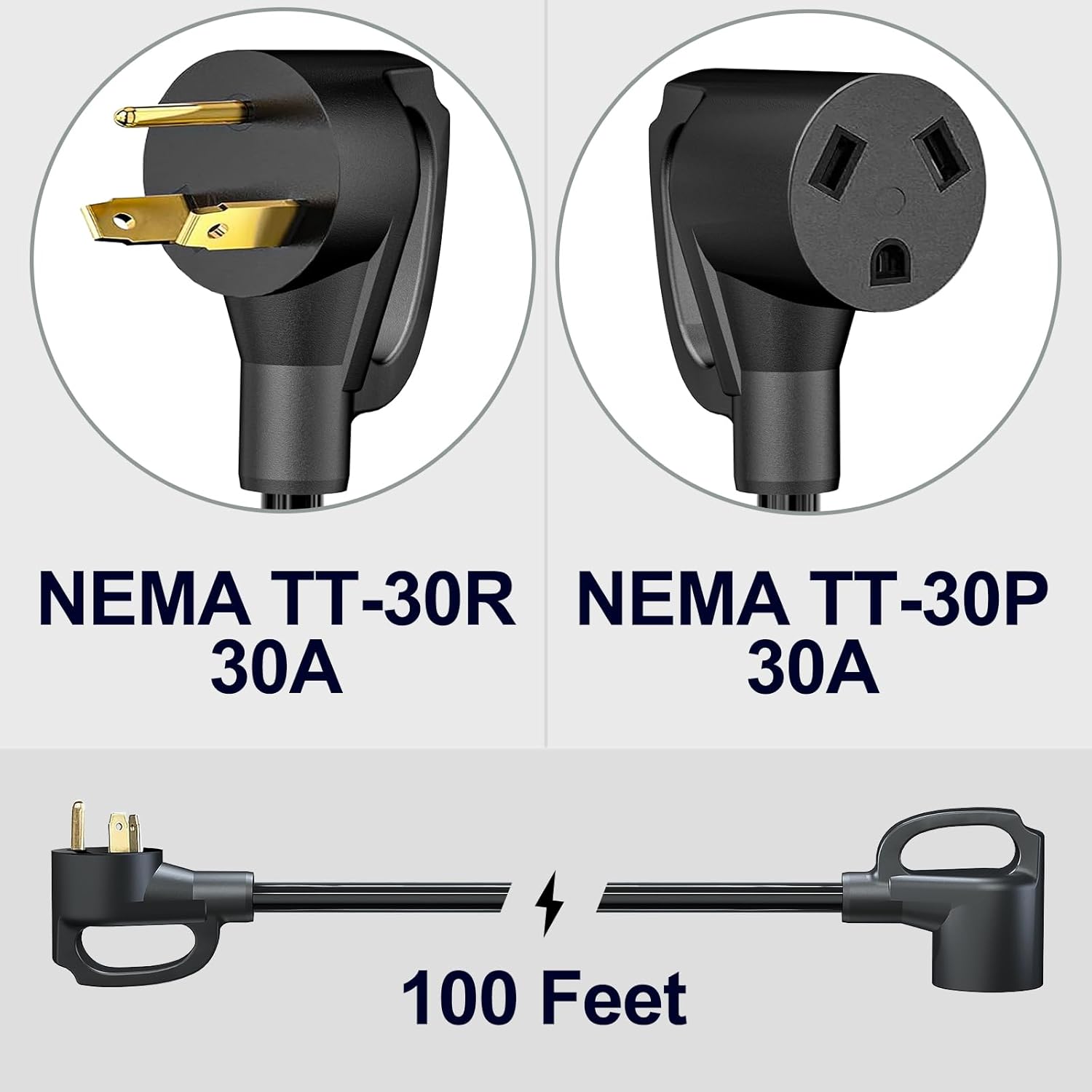 STRIGHT Cable de extensión RV de 100 pies de 30 amperios, cable de extensión de alimentación RV NEMA TT-30P macho a TT-30R hembra, resistente