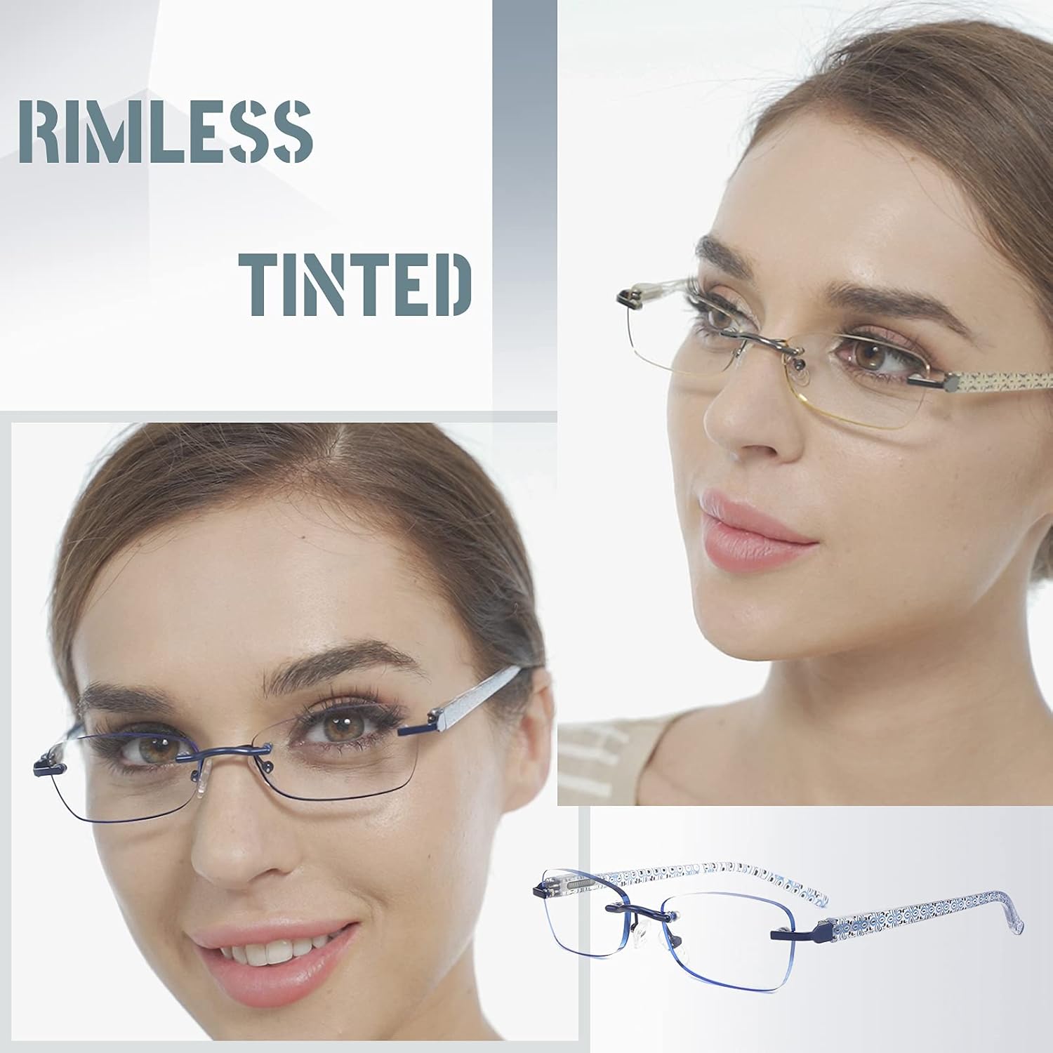 CRGATV Paquete de 4 lentes de lectura tintados sin montura para mujer, bloqueo de luz azul, elegantes lectores, antirrayos UV, fatiga