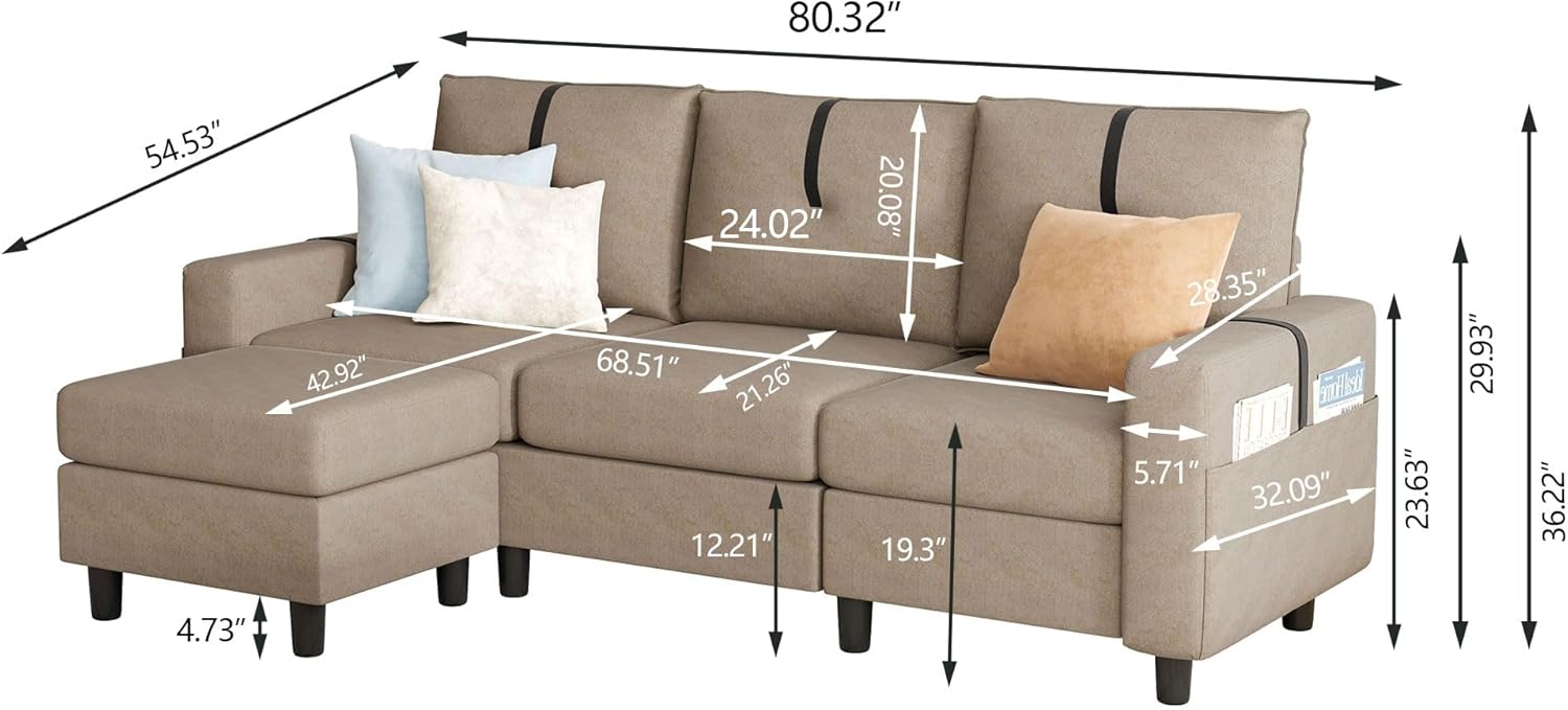 Sofás seccionales en forma de L de 80 pulgadas, sofá de 3 plazas con otomana reversible y bolsillo de almacenamiento lateral, sofá modular pequeño