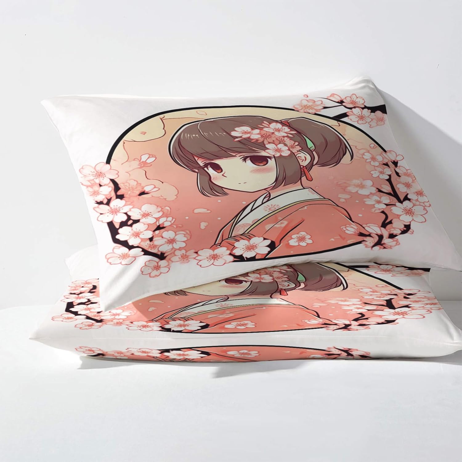 Juego de sábanas con estampado de flor de cerezo tamaño King, sábanas de anime Sakura, sábanas y fundas de almohada estampadas de 4 piezas, sábana