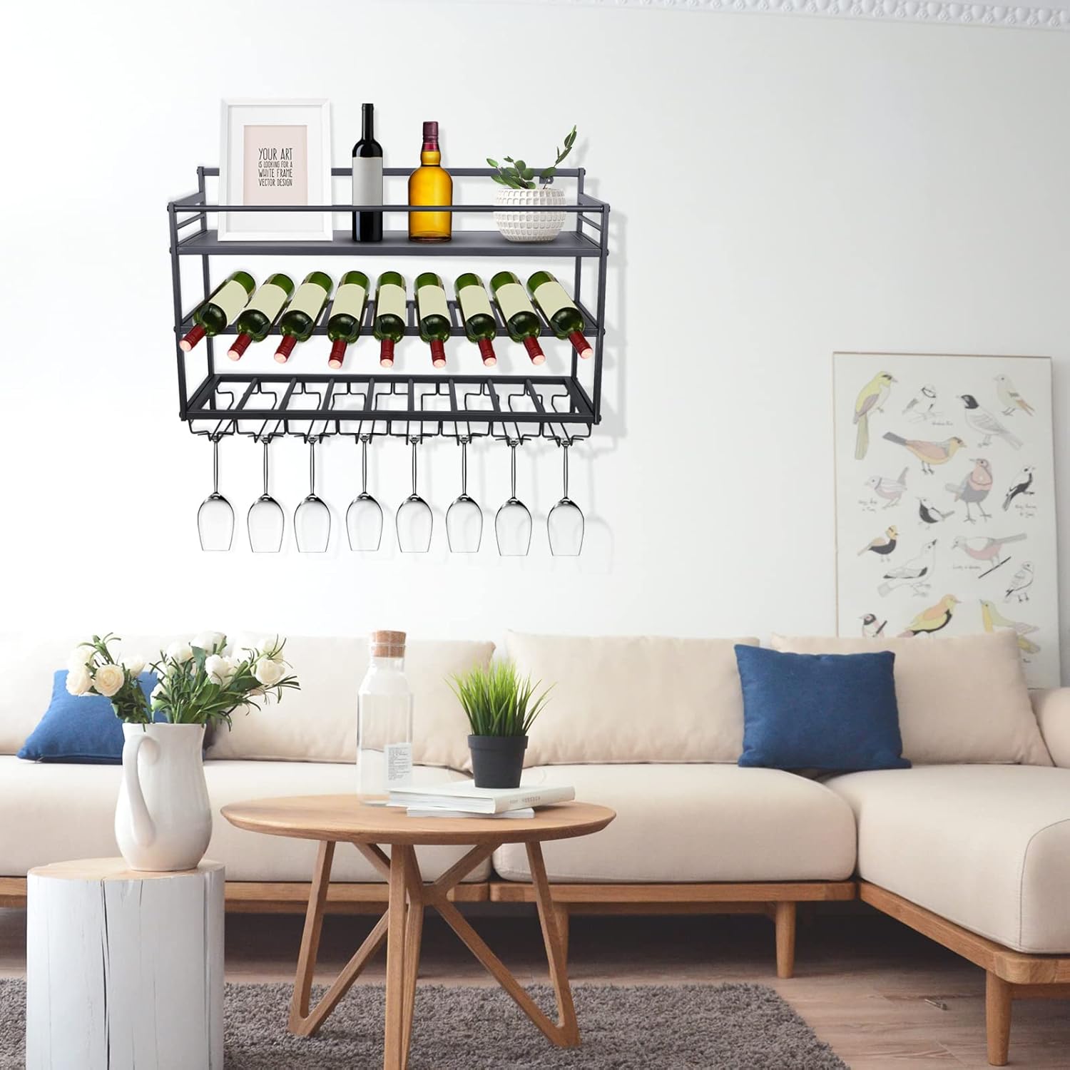 Estante de cristal para botellas de vino montado en la pared de 3 capas, estante de metal rústico para vino, estante de metal para botellas de metal