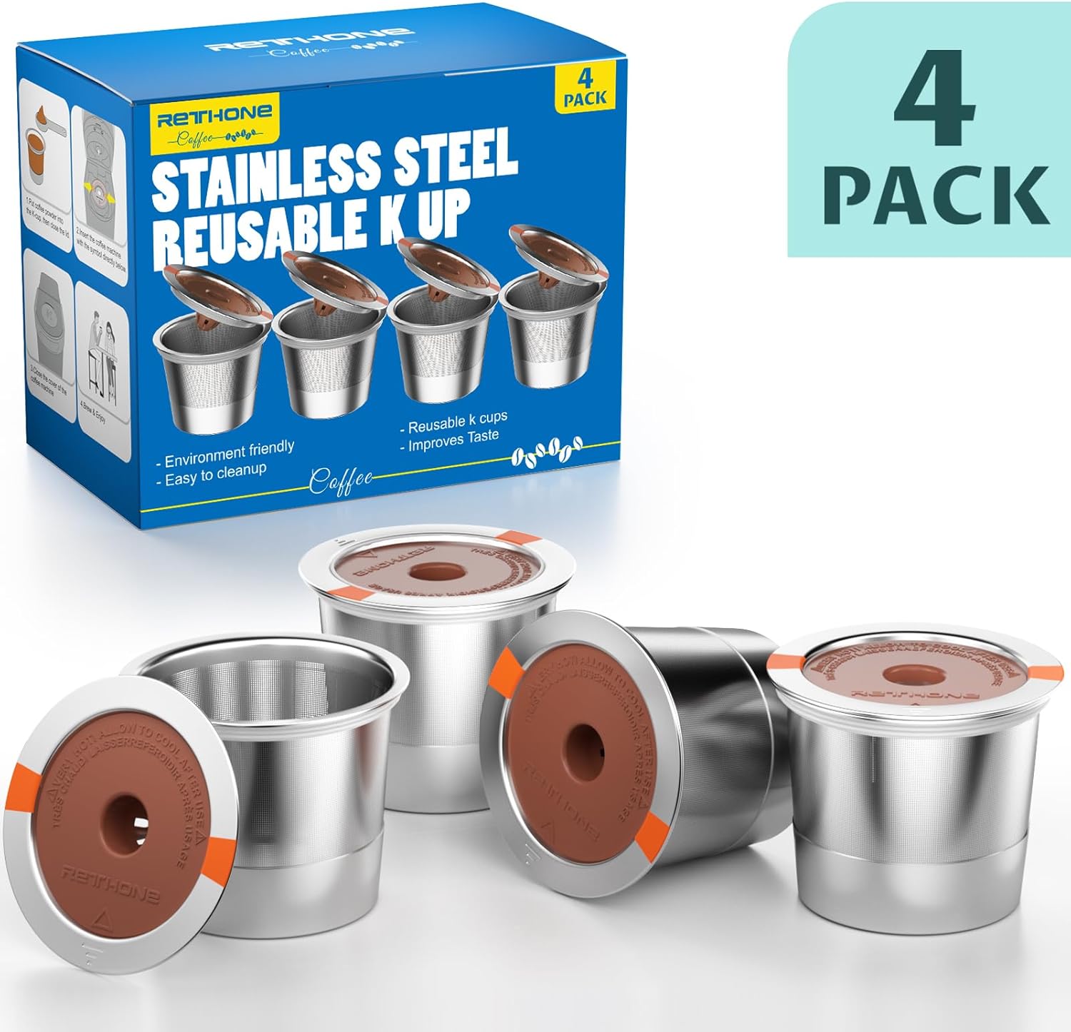 RETHONE K Cup Cápsulas de café reutilizables compatibles con cafeteras Keurig 1.0 y 2.0, cafeteras K Cups reutilizables universales de acero