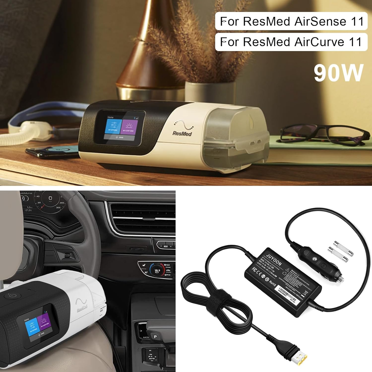 90W Resmed AirSense 11 Convertidor DC 12V-24V Cargador de coche Adaptador de CC para todos Resmed AirSense 11 AutoSetAirSense 11 Elite Cable de