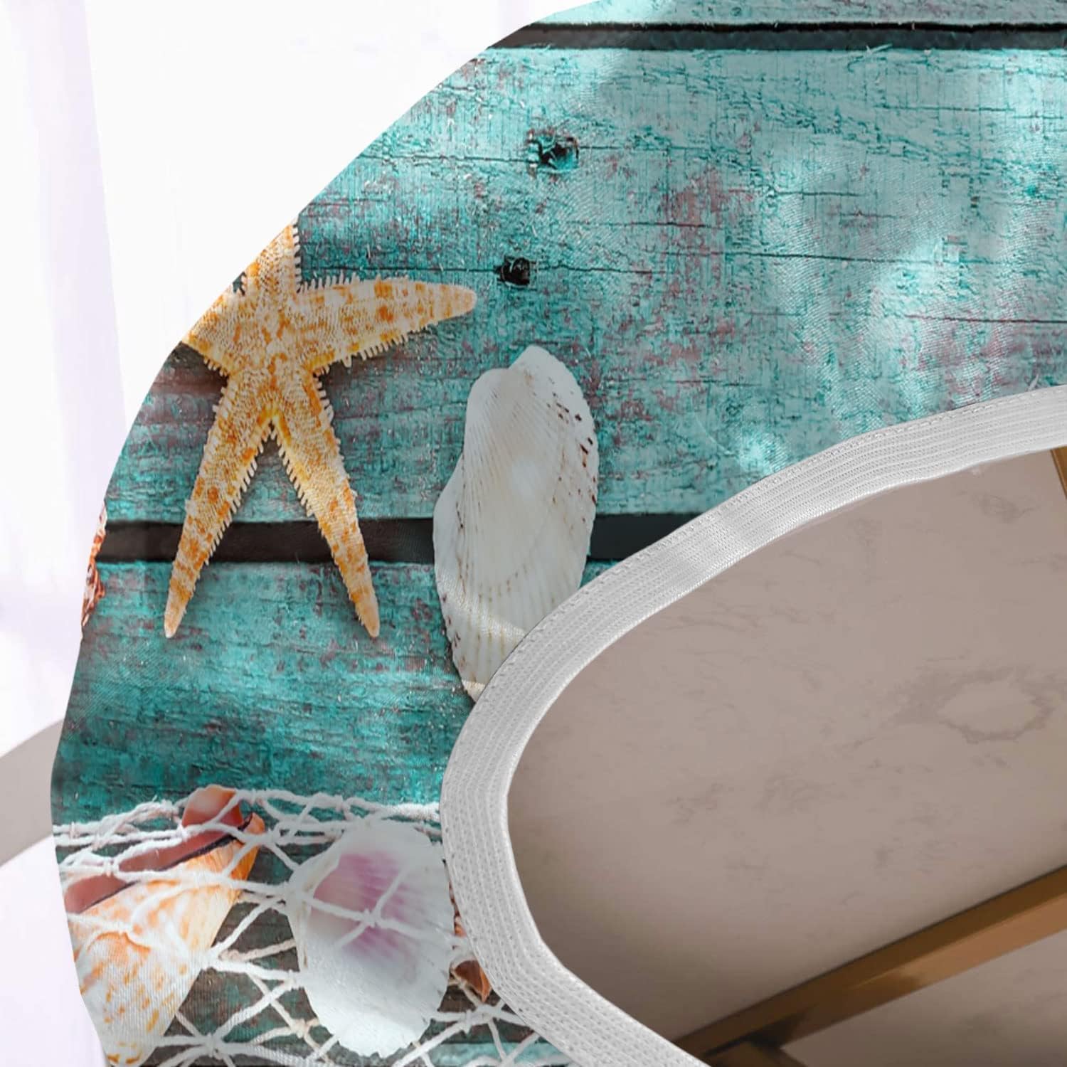 RenteriaDecor Mantel ajustable de grano de madera, ovalado, diseño de estrella de mar con conchas y borde elástico, manteles de poliéster para