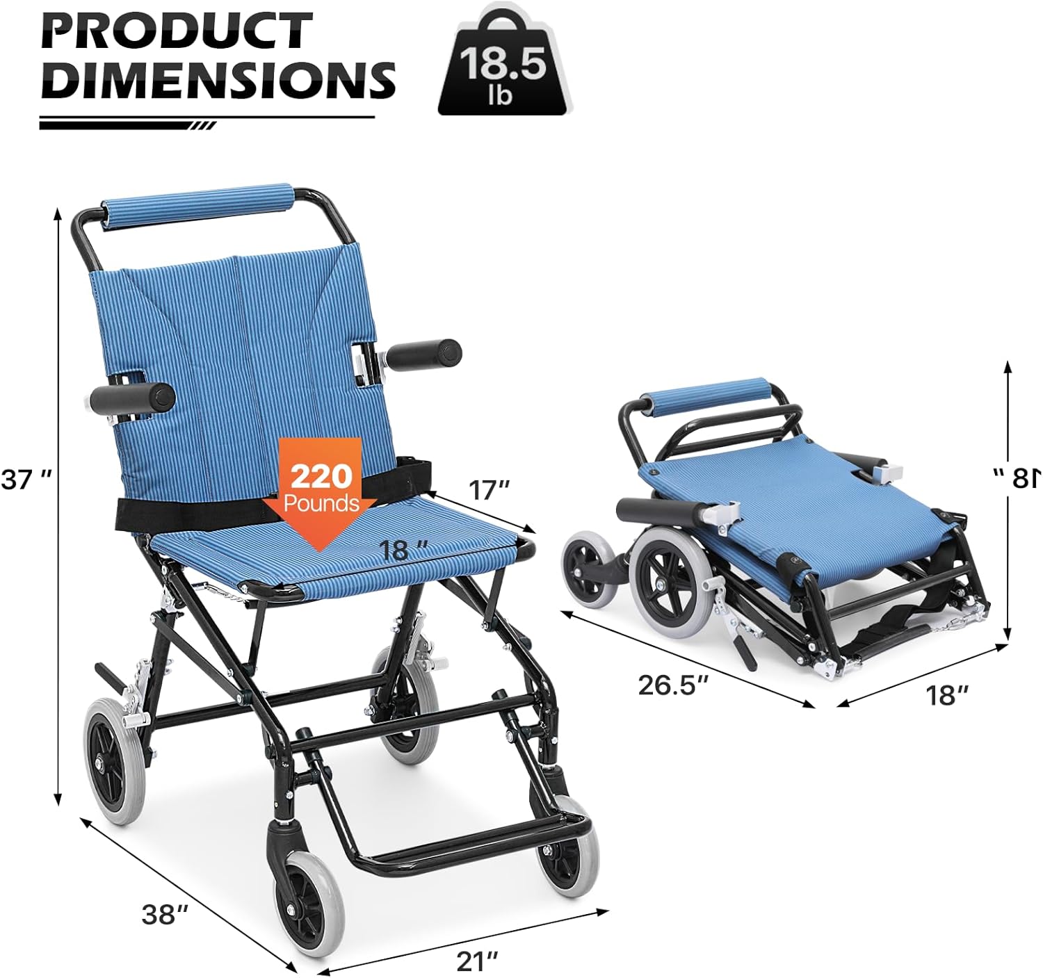 Silla de ruedas ligera para adultos, asiento plegable de transporte de 18 pulgadas, silla de ruedas plegable con reposapiés elevable para viajes de