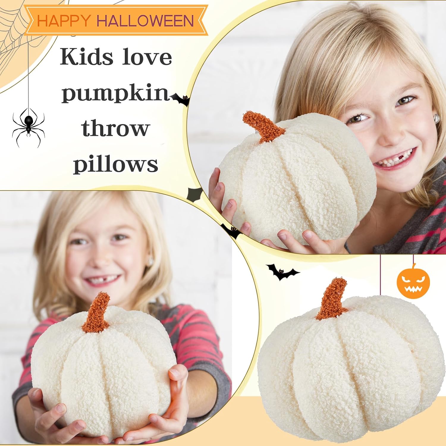 Calabaza de peluche de Halloween en forma 3D decorativa de Acción de Gracias almohada suave y linda, 11 pulgadas, 7 pulgadas (blanco, 3 piezas)