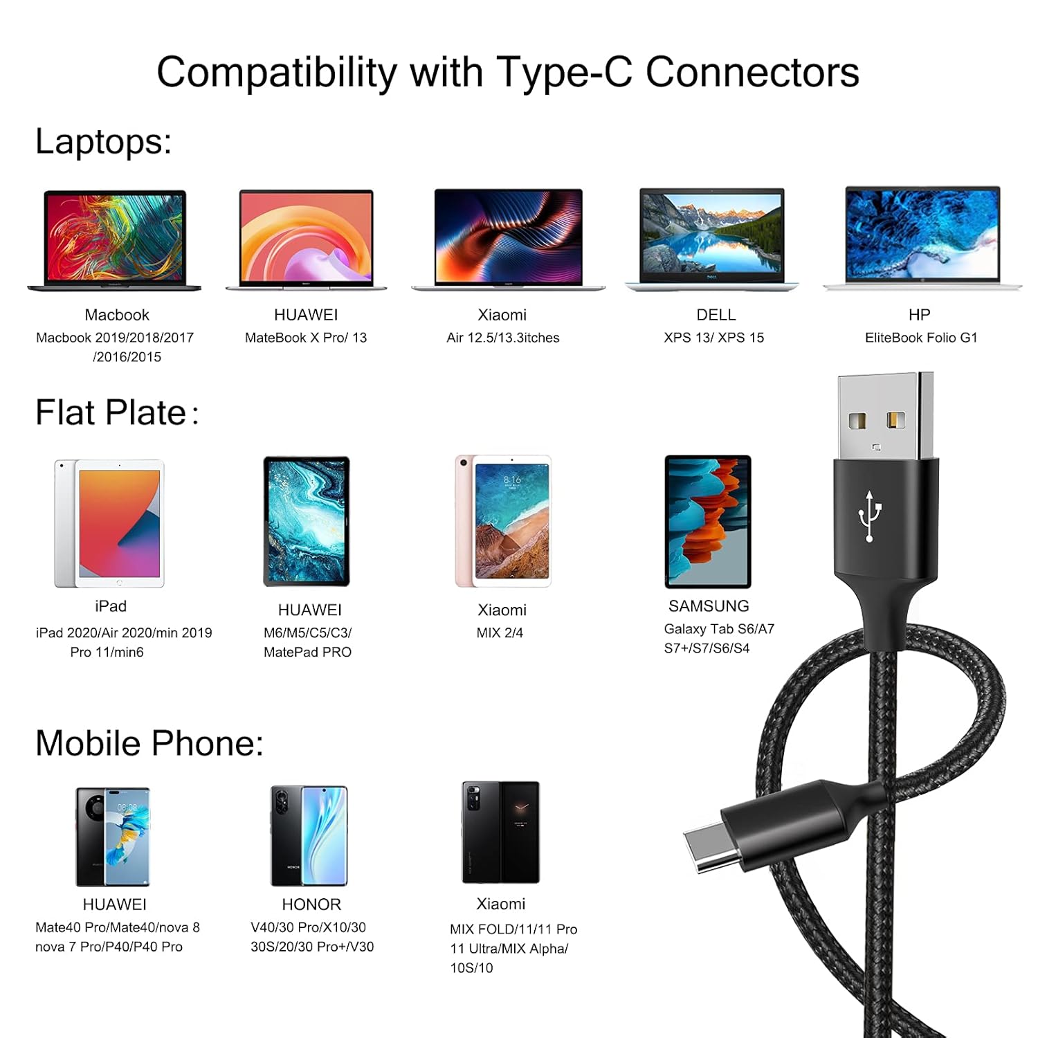 Cable USB tipo C, paquete de 5 (336610 pies), cable USB C trenzado de nailon de carga rápida, compatible con Samsung Galaxy S9 S8 Note 9 Note 8