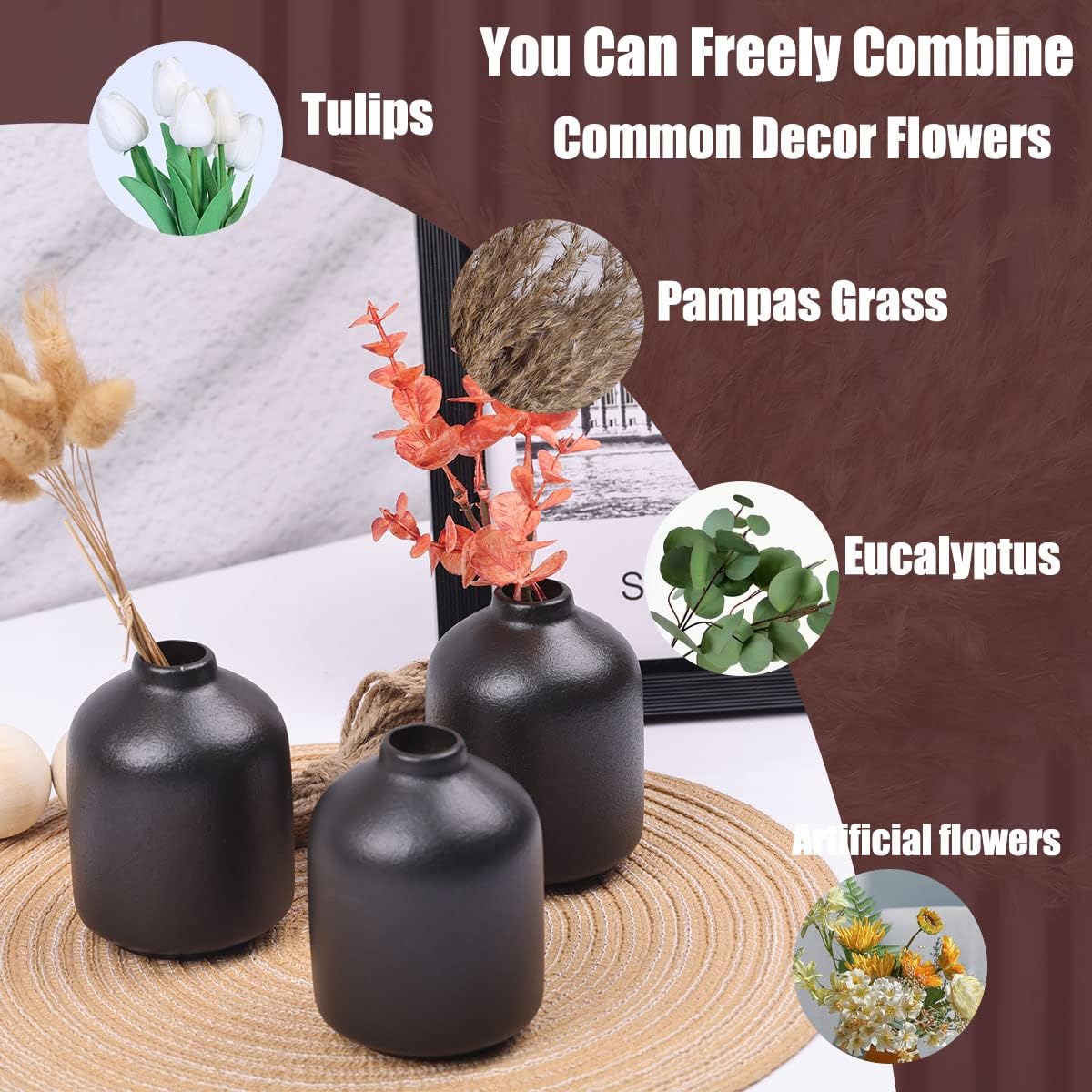 Paquete de 6 jarrones negros, modernos jarrones bohemios para flores secas, jarrones pequeños de cerámica negra para decoración del hogar, jarrones