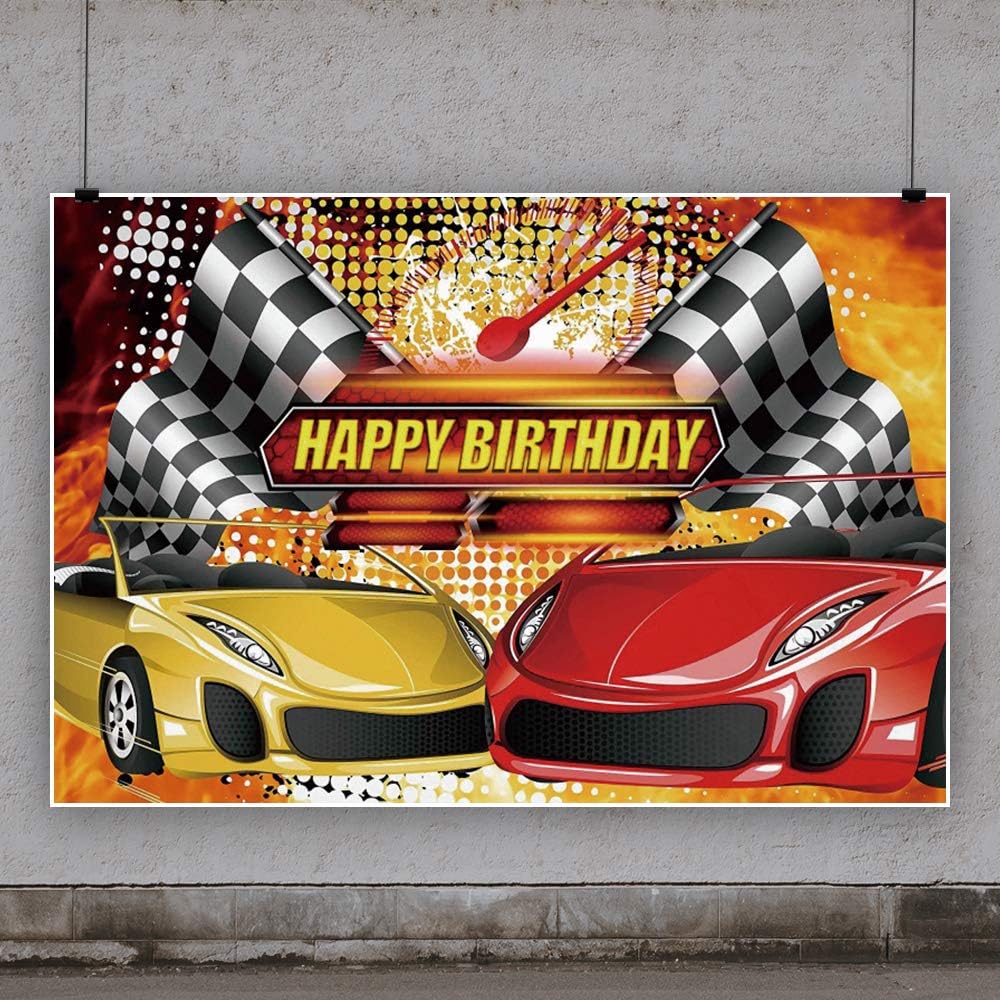 Yeele Telón de fondo con temática de coche de carreras de 5 x 4 pies, color rojo y amarillo, bandera de campeón de auto, fondo de fotografía para