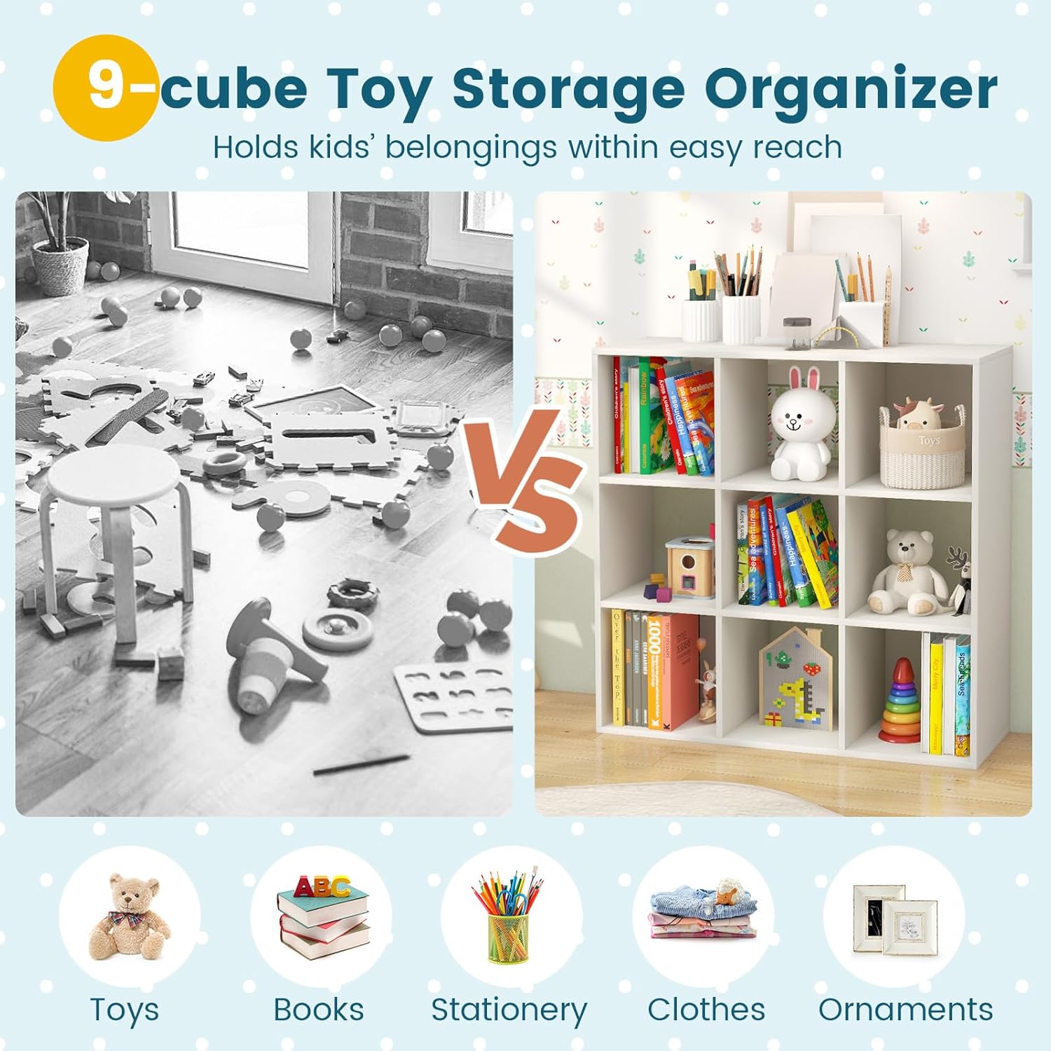 Costzon 9-Cube Toy Storage and Organizer, 4-Tier Wooden Kids Bookshelf, Toy and Book Storage Display Organization, Toddler Shelf for Playroom,