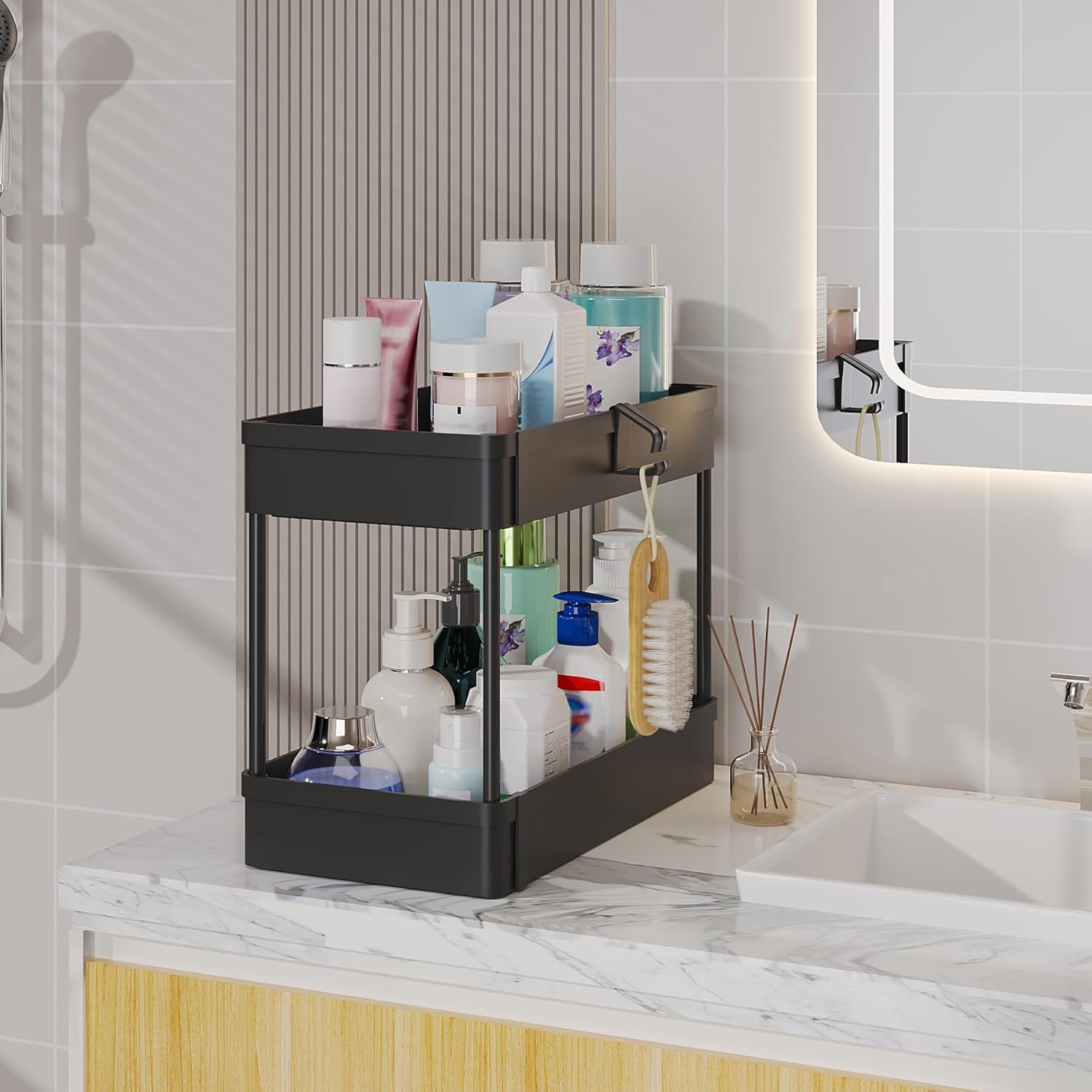 Organizador de almacenamiento para debajo del fregadero, cesta de almacenamiento de 2 niveles para debajo del baño, carrito de almacenamiento