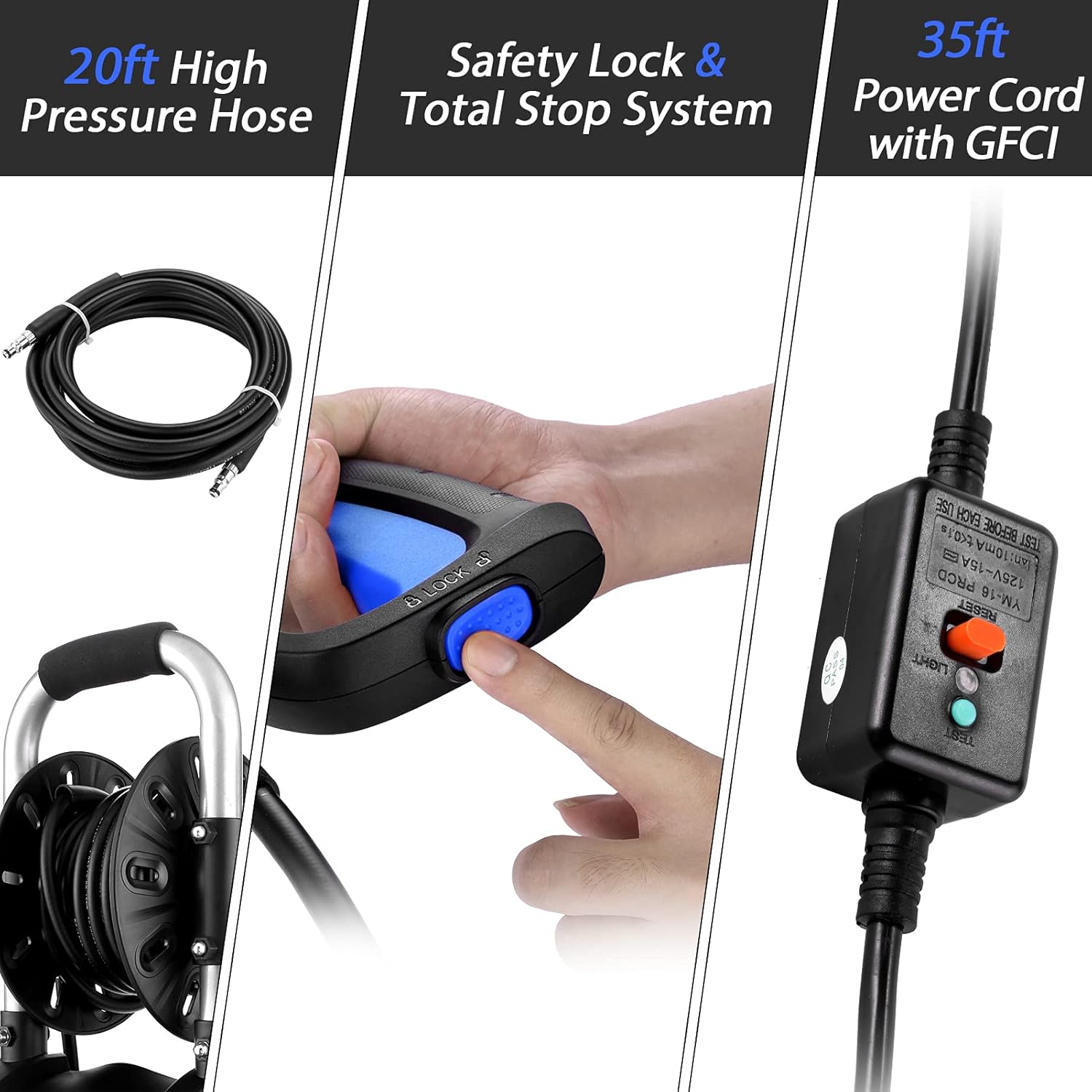 TEANDE Lavadora a presión TE3800 2.5GPM 1800W de alta presión eléctrica con boquilla de pulverización todo en uno, carrete de manguera, manguera de