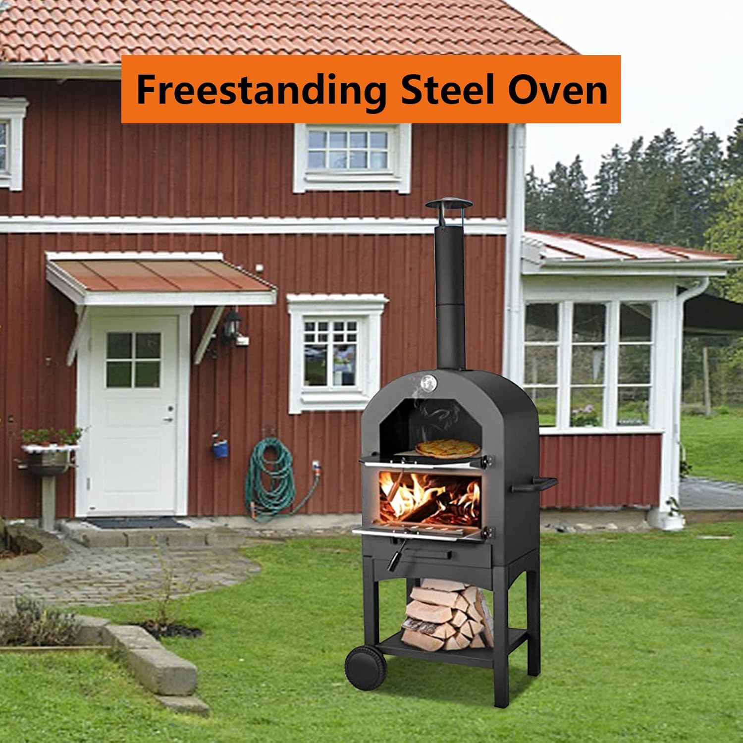 Horno de pizza al aire libre, horno de pizza de leña para exterior, horno de acero independiente con 2 ruedas, ideal para barbacoa, camping, fiesta